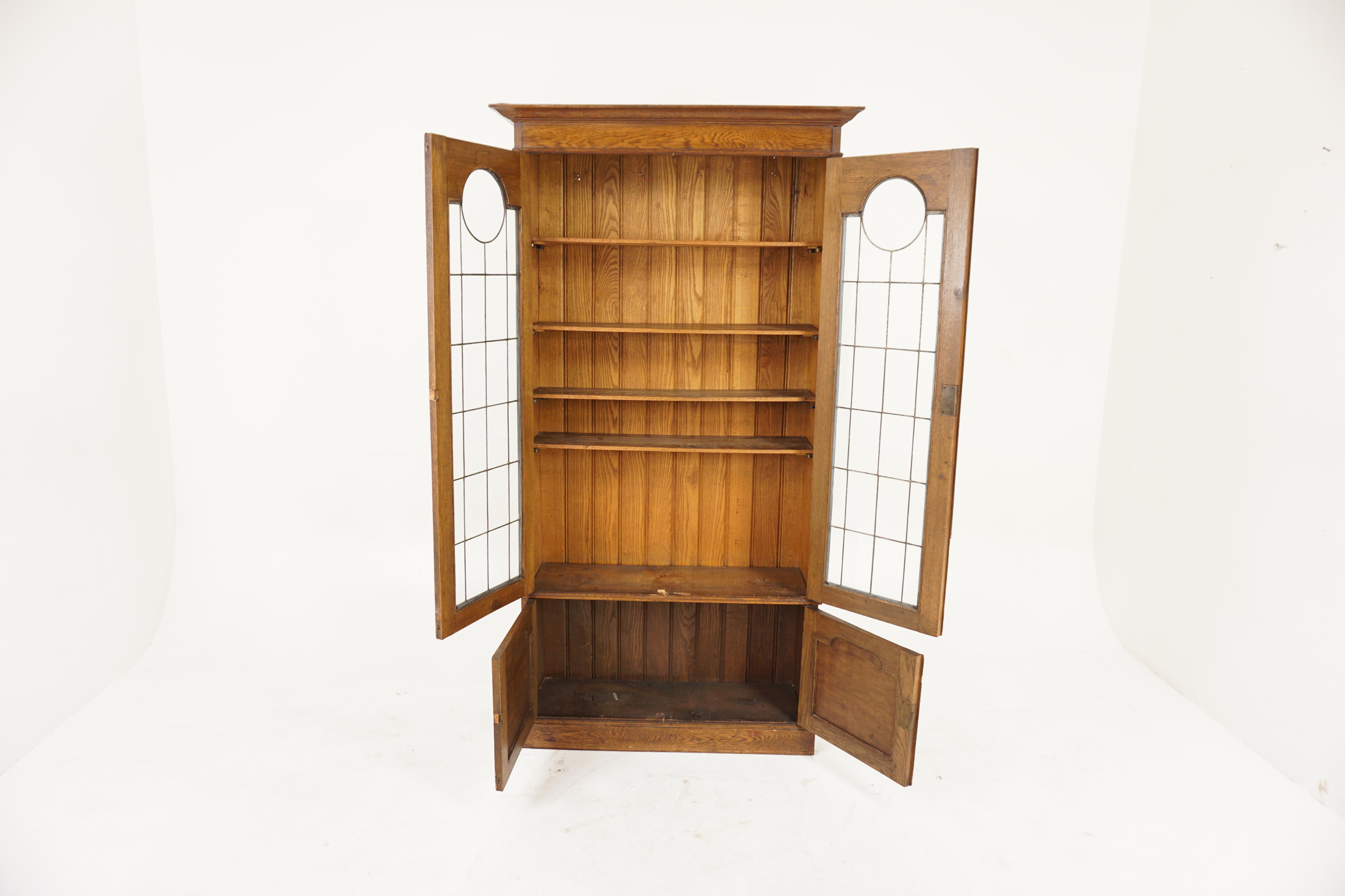 Antique Oak Art Nouveau, Arts Crafts Leaded Glass Bookcase, Scotland 1900, H1163 In Good Condition For Sale In Vancouver, BC