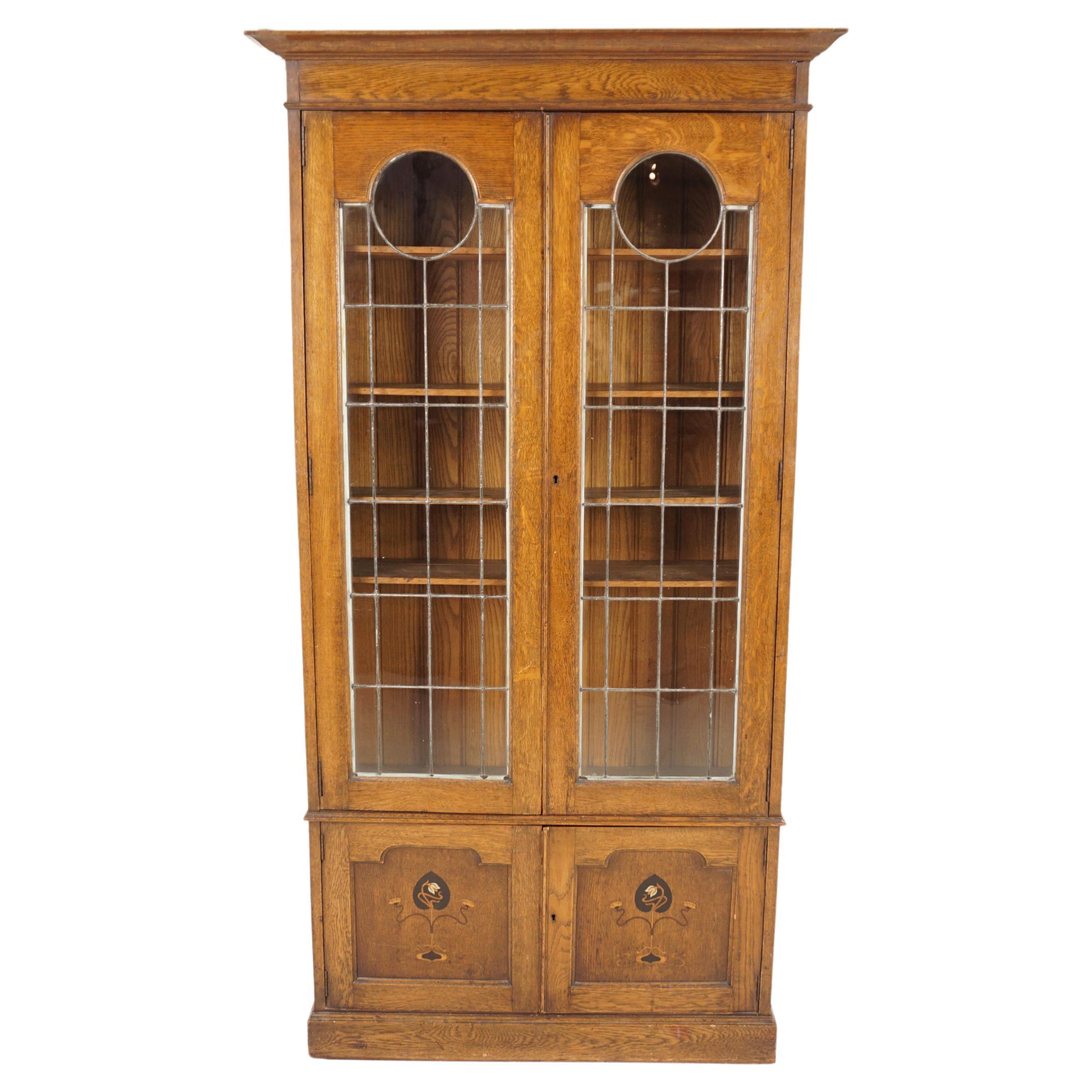 Antique Oak Art Nouveau, Arts Crafts Leaded Glass Bookcase, Scotland 1900, H1163 For Sale