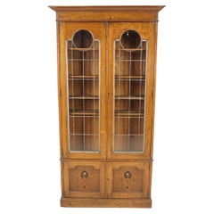 Vintage Oak Art Nouveau, Arts Crafts Leaded Glass Bookcase, Scotland 1900, H1163