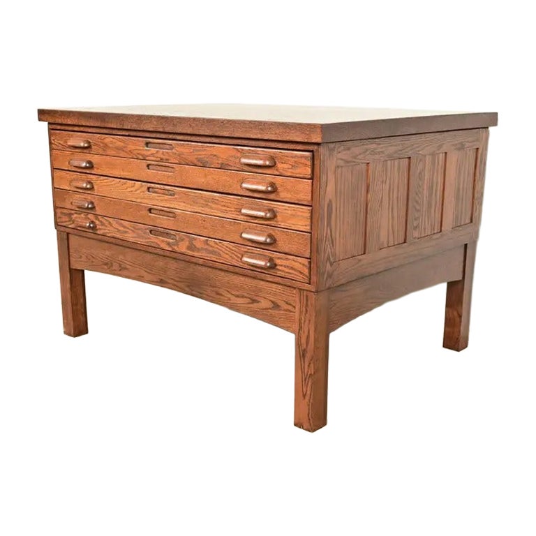 Antique Oak Arts & Crafts Architect's Flat File Cabinet, Newly Refinished For Sale