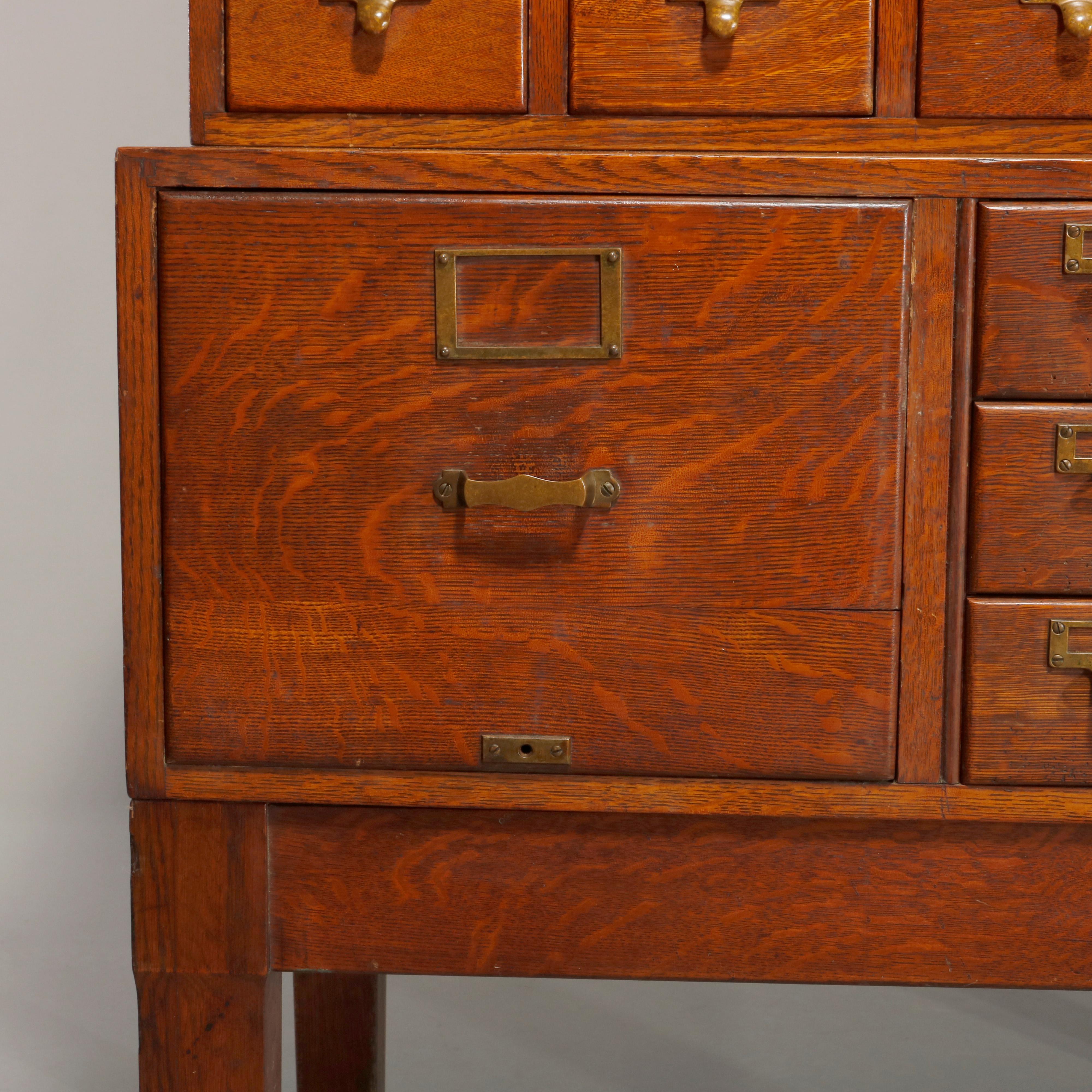 Antique Oak Arts & Crafts Stacked Card Catalog Filing Cabinet, Circa 1910 In Good Condition In Big Flats, NY