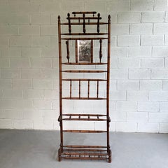 Antique Oak Bamboo Motif Entryway Hall Tree Coat Rack