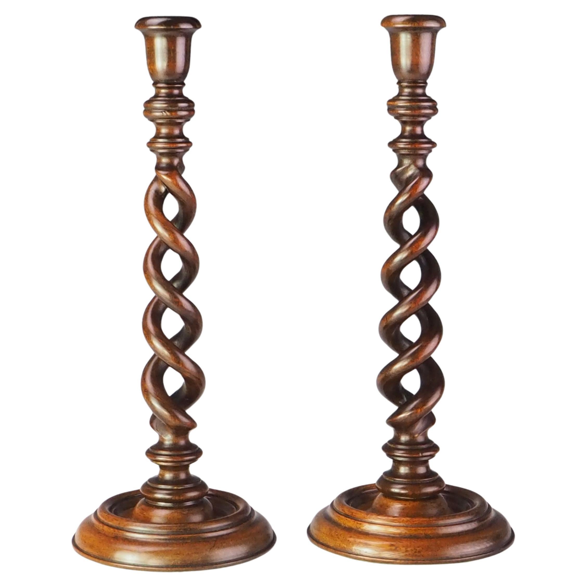 Antique Oak Barley Twist Candlesticks – Pair of Open Spiral Candle Holders