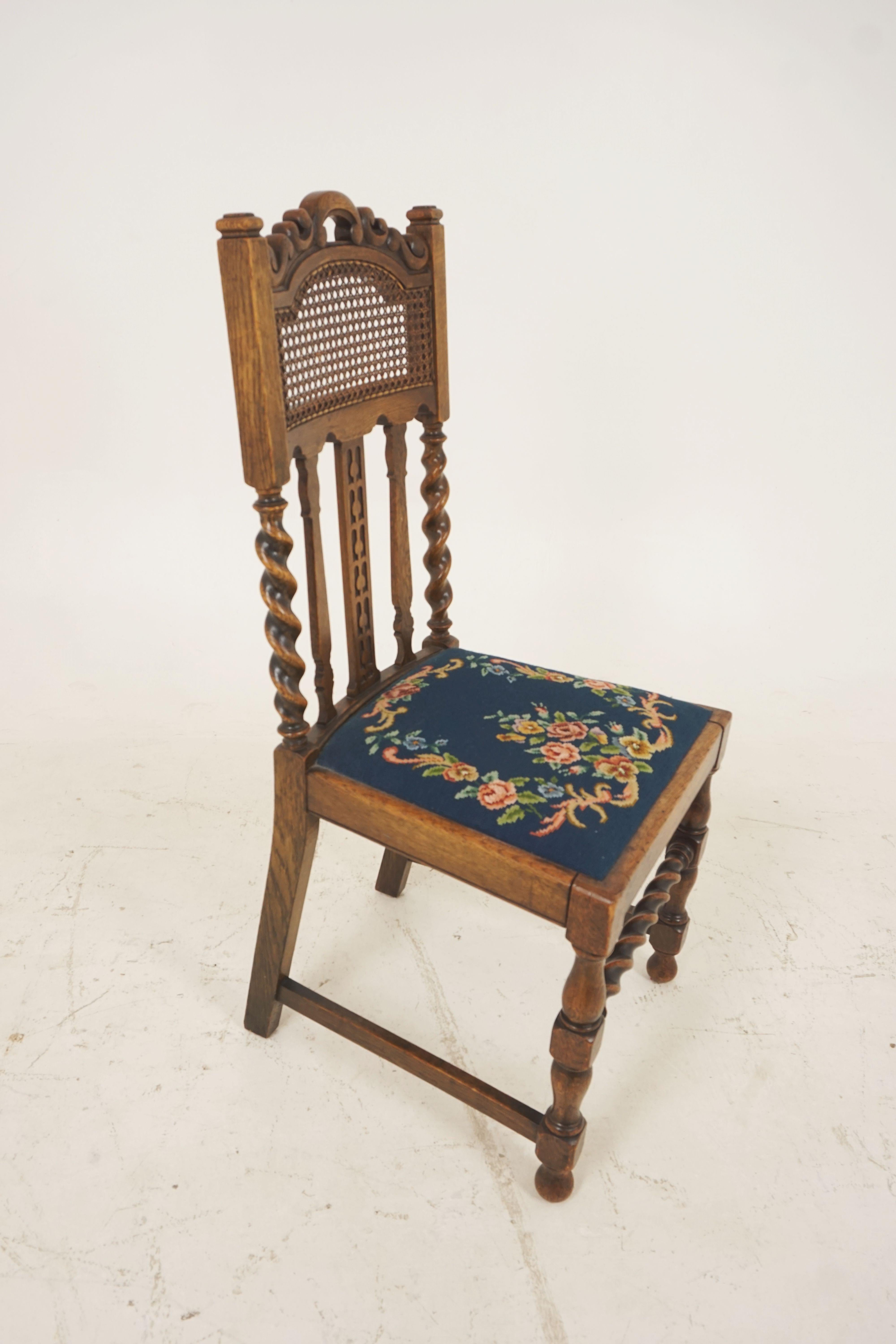 Scottish Antique Oak Barley Twist Chair, Needlepoint Seat, Scotland 1920, B2101