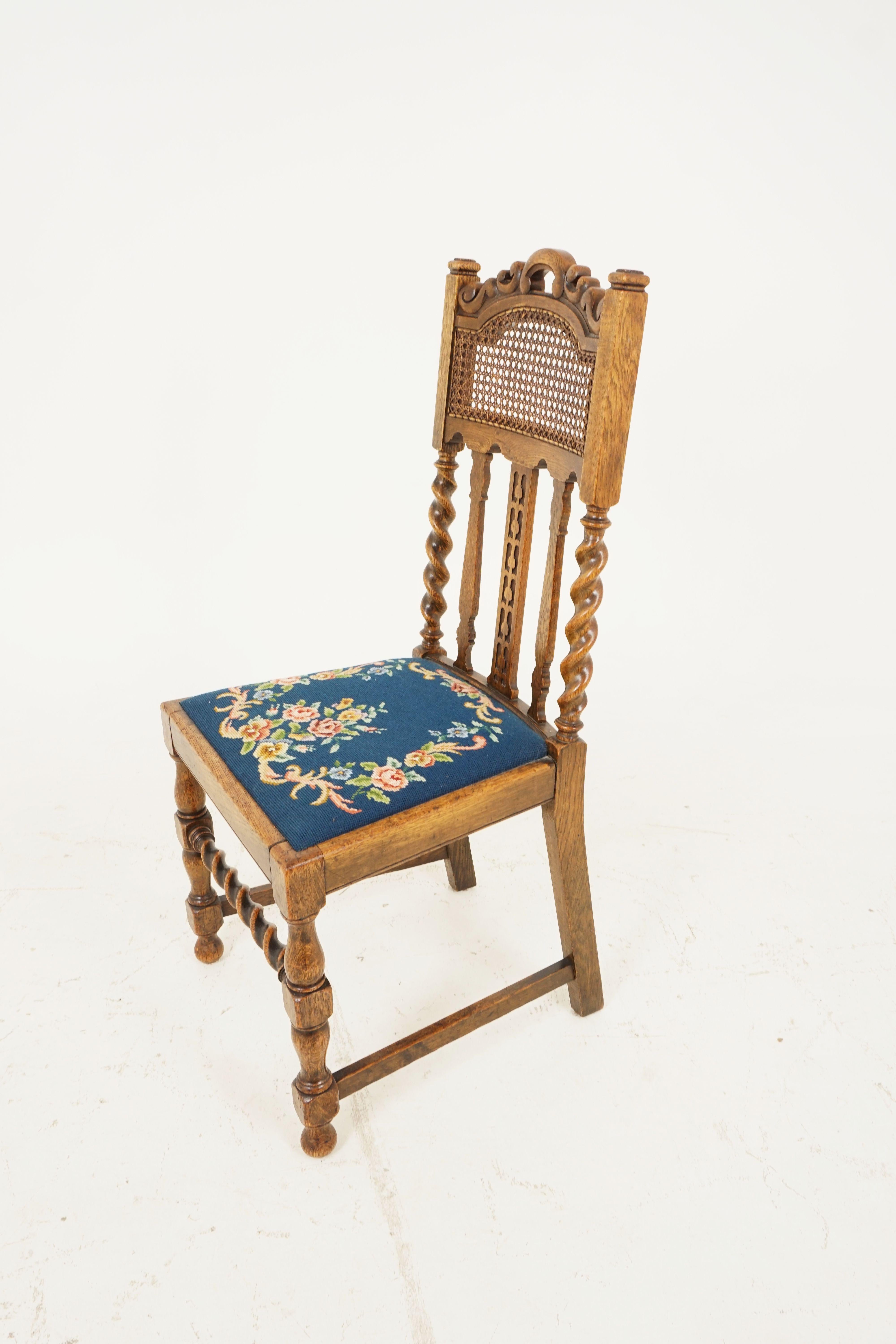 Hand-Crafted Antique Oak Barley Twist Chair, Needlepoint Seat, Scotland 1920, B2101