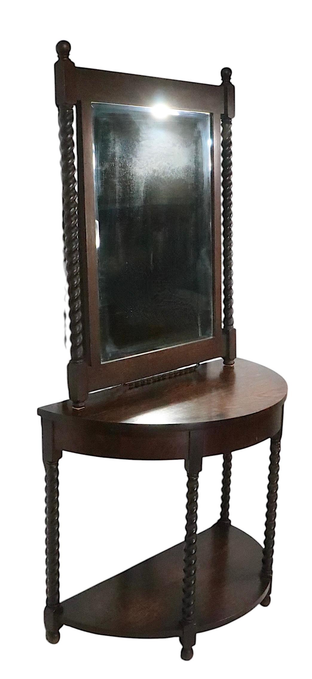 Jacobean Antique Oak Barley Twist  Demi Lune Console Table with Matching Mirror For Sale
