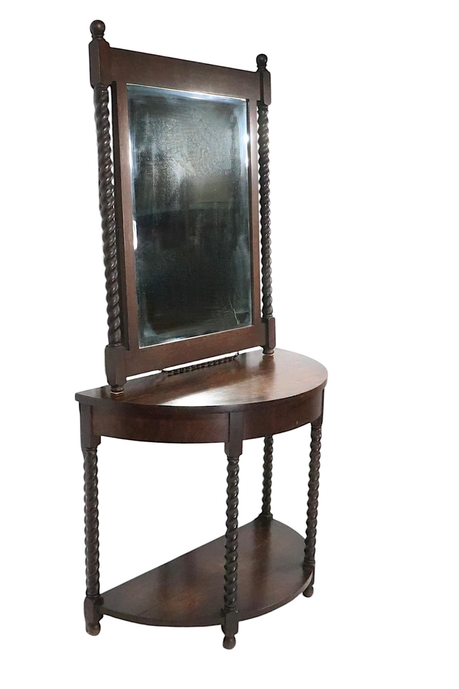 American Antique Oak Barley Twist  Demi Lune Console Table with Matching Mirror For Sale