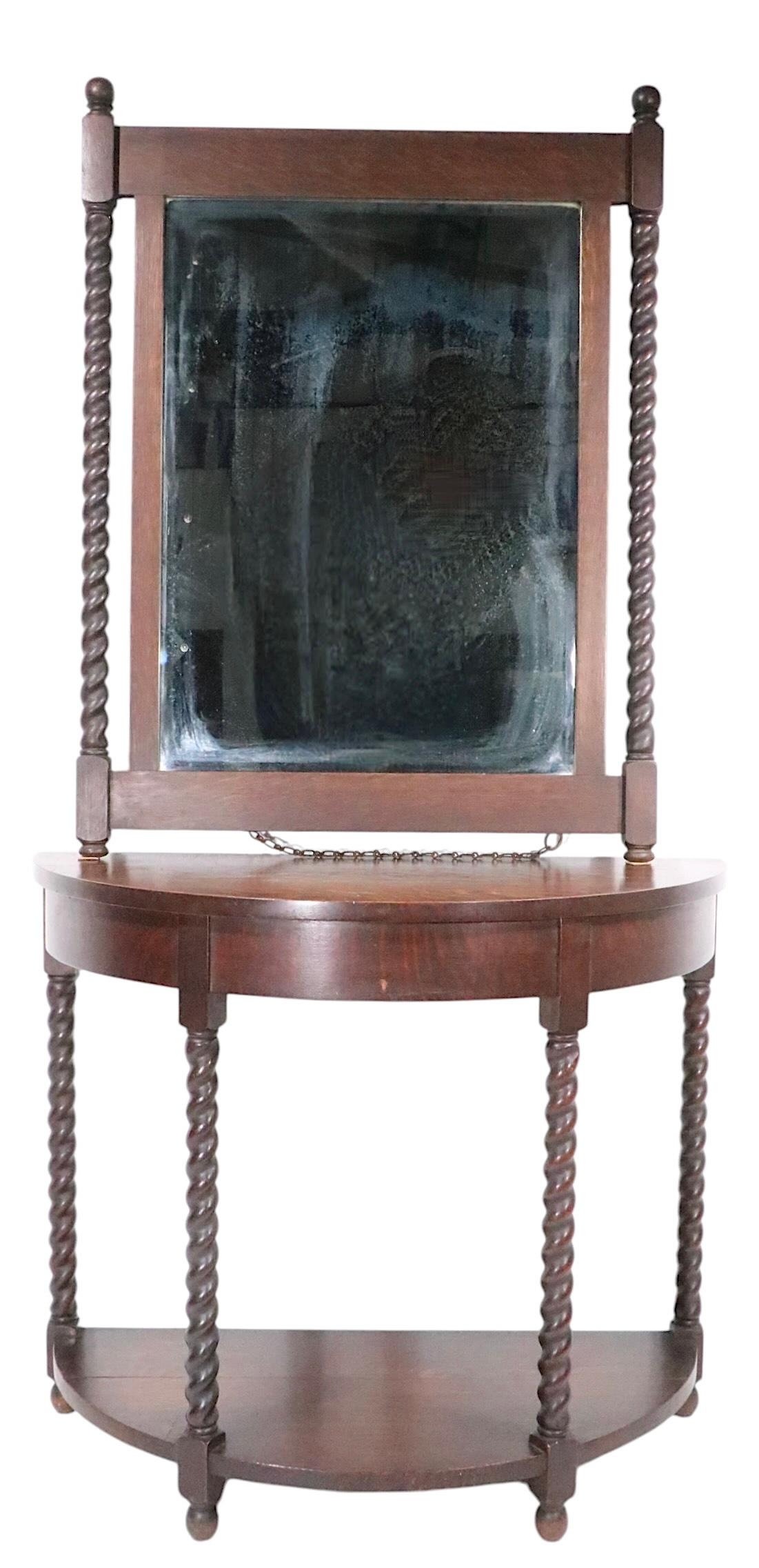 Antique Oak Barley Twist  Demi Lune Console Table with Matching Mirror In Good Condition For Sale In New York, NY