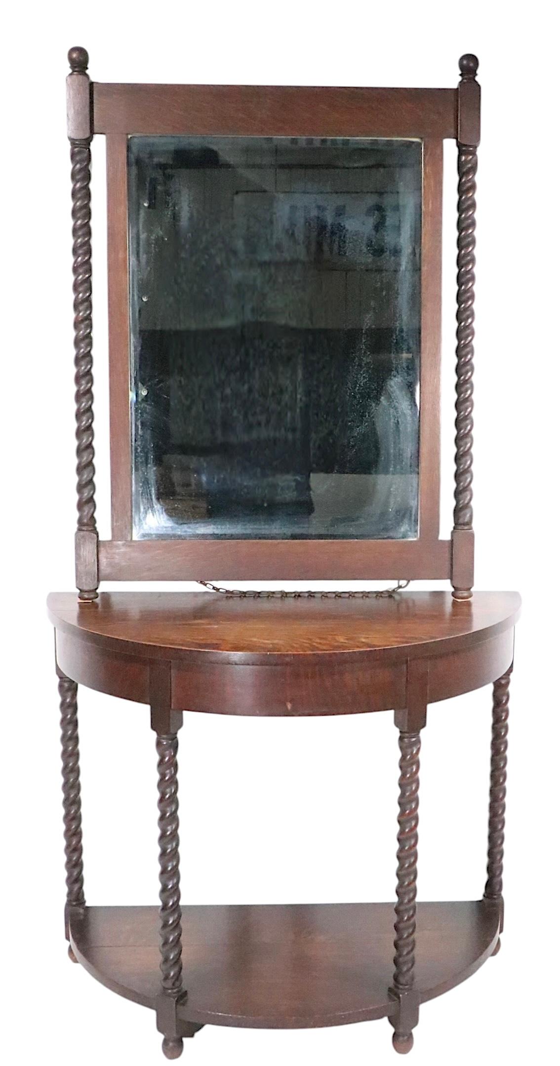 20th Century Antique Oak Barley Twist  Demi Lune Console Table with Matching Mirror For Sale