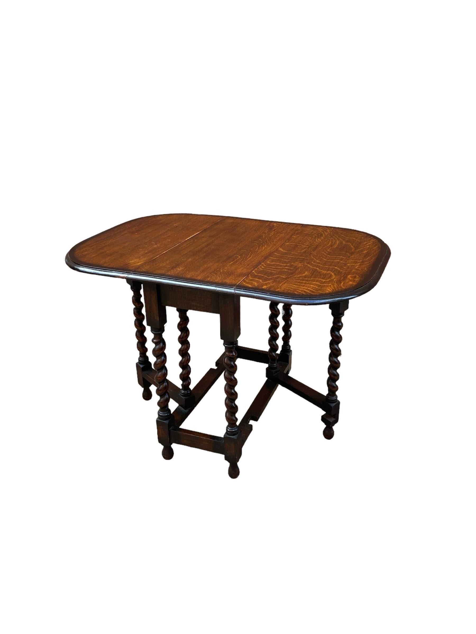 British Antique Oak Barley Twist Drop Leaf Gate Leg Table