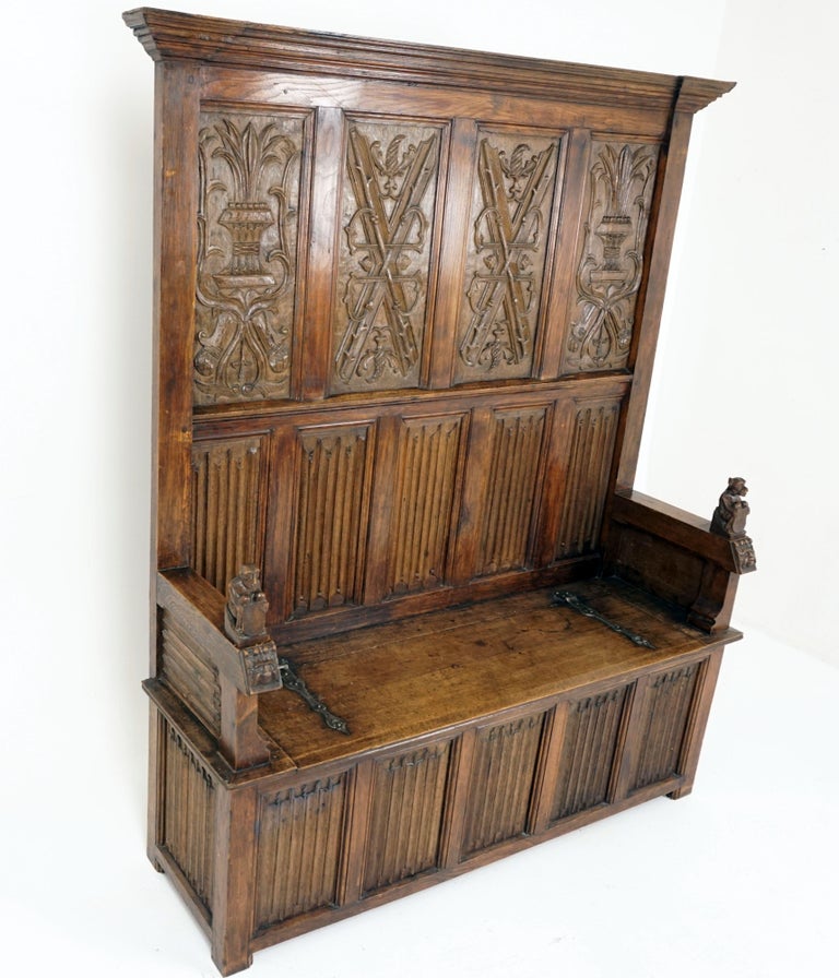 Antique Oak Bench, Carved Oak, Box Seat, High Back, Settle, England