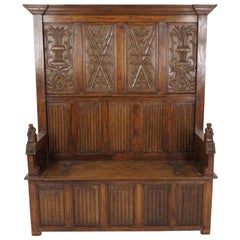 Antique Oak Bench, Carved Oak, Box Seat, High Back, Settle, England 1880, H209