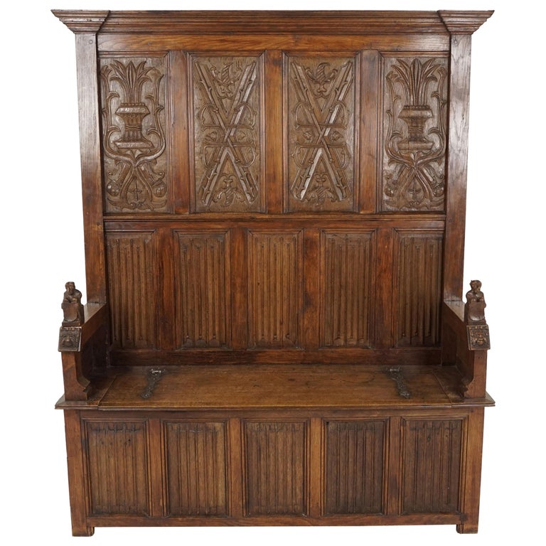 Antique Oak Bench, Carved Oak, Box Seat, High Back, Settle, England