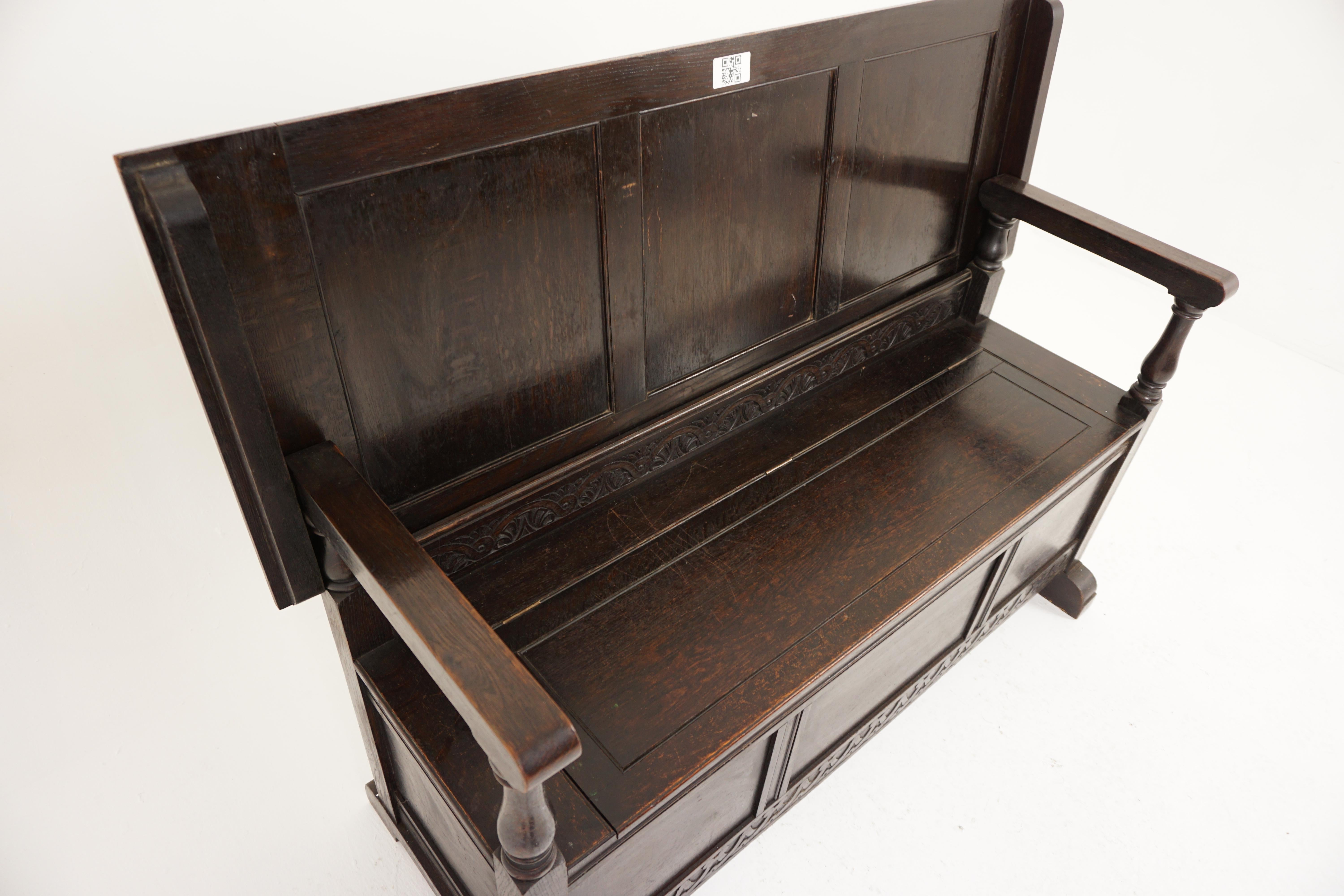 Scottish Antique Oak Bench, Hall Seat, Monks Bench, Settle, Scotland 1900, H988 For Sale