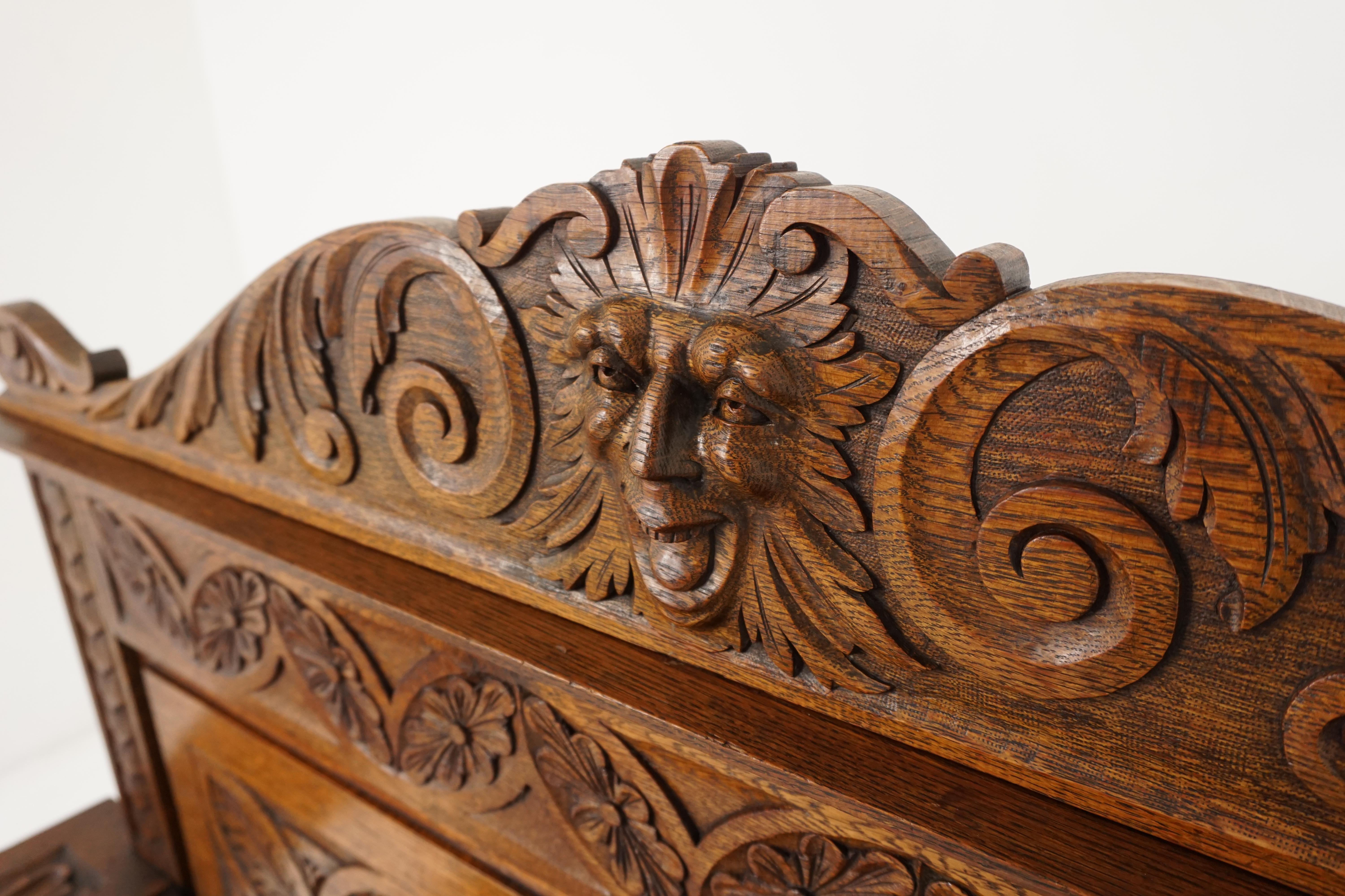 Hand-Crafted Antique Oak Bench, Victorian, Heavily Carved, Green Man, Scotland 1880, B1829