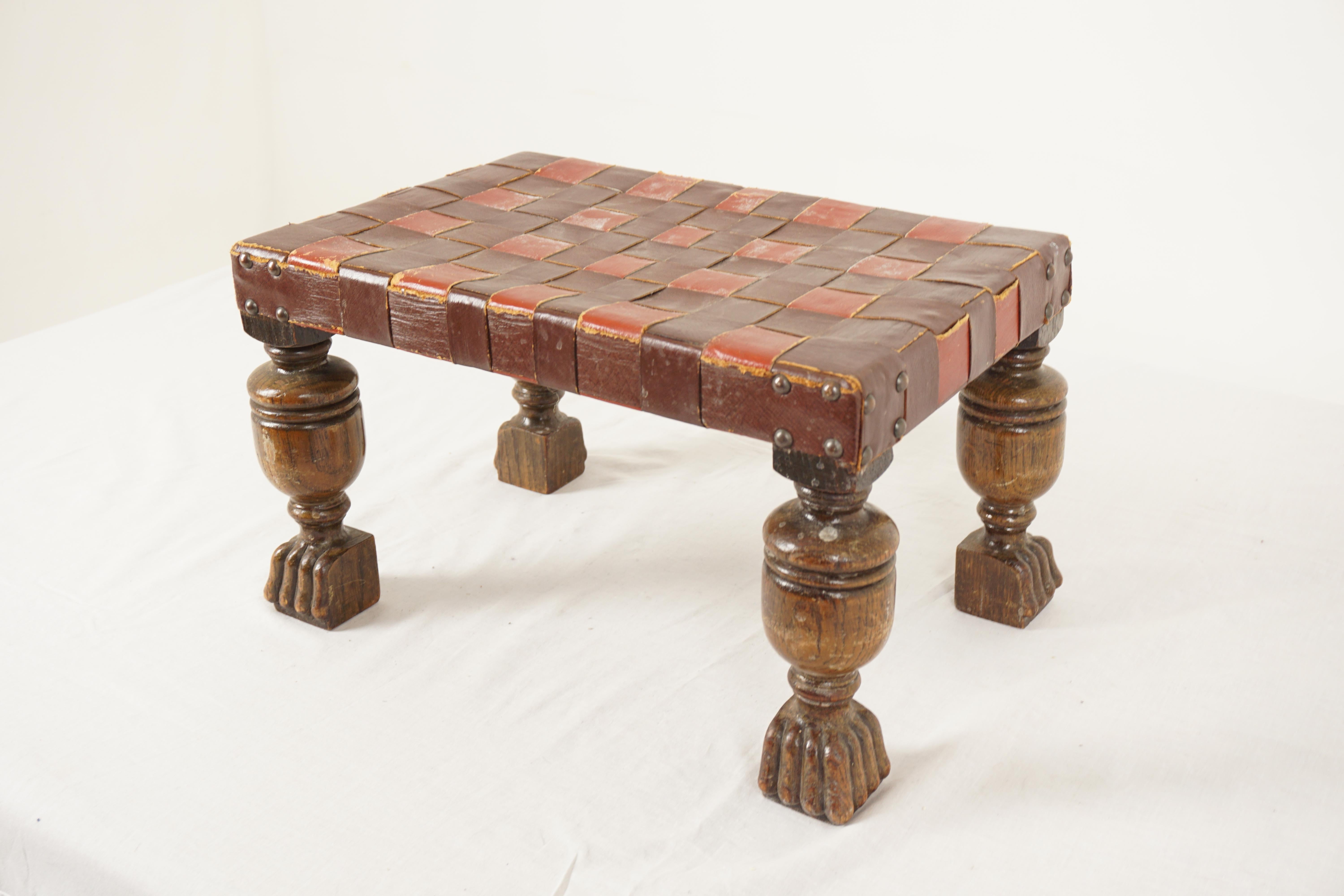 Antique Oak Bench, Vintage Leather Top Foot Stool, Foot Rest, Antique Furniture, Scotland 1930, H1081

+ Scotland 1930
+ Solid oak and leather
+ Leather top upholstery 
+ All standing on four thick bulbous legs with a carved foot base
+ All