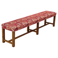Antique Oak Block Leg Bench Newly Reupholstered in Turkish Orange Kilim Fabric