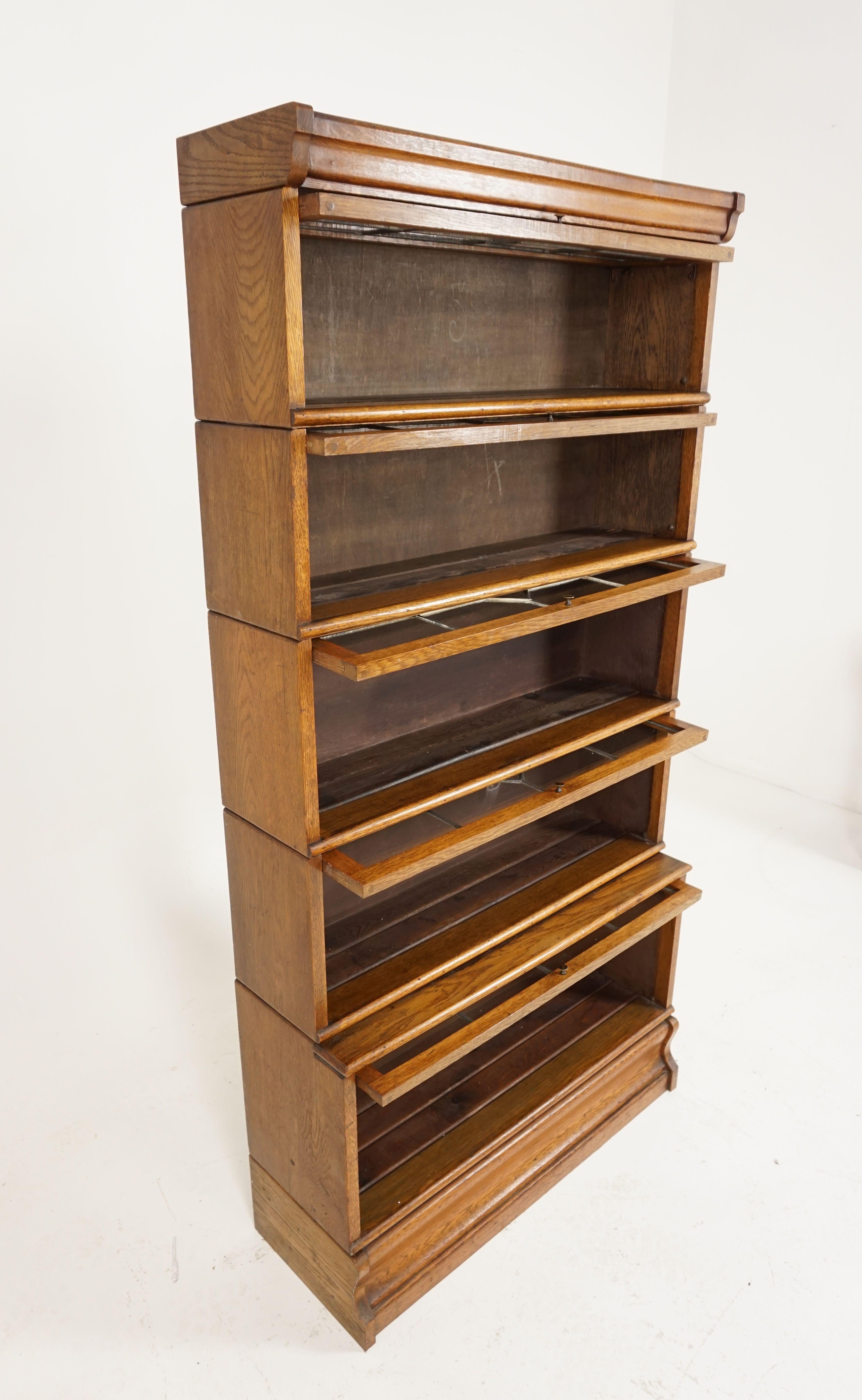Early 20th Century Antique Oak Bookcase, 5-Tier Sectional, Leaded Glass, Scotland 1920, B1865