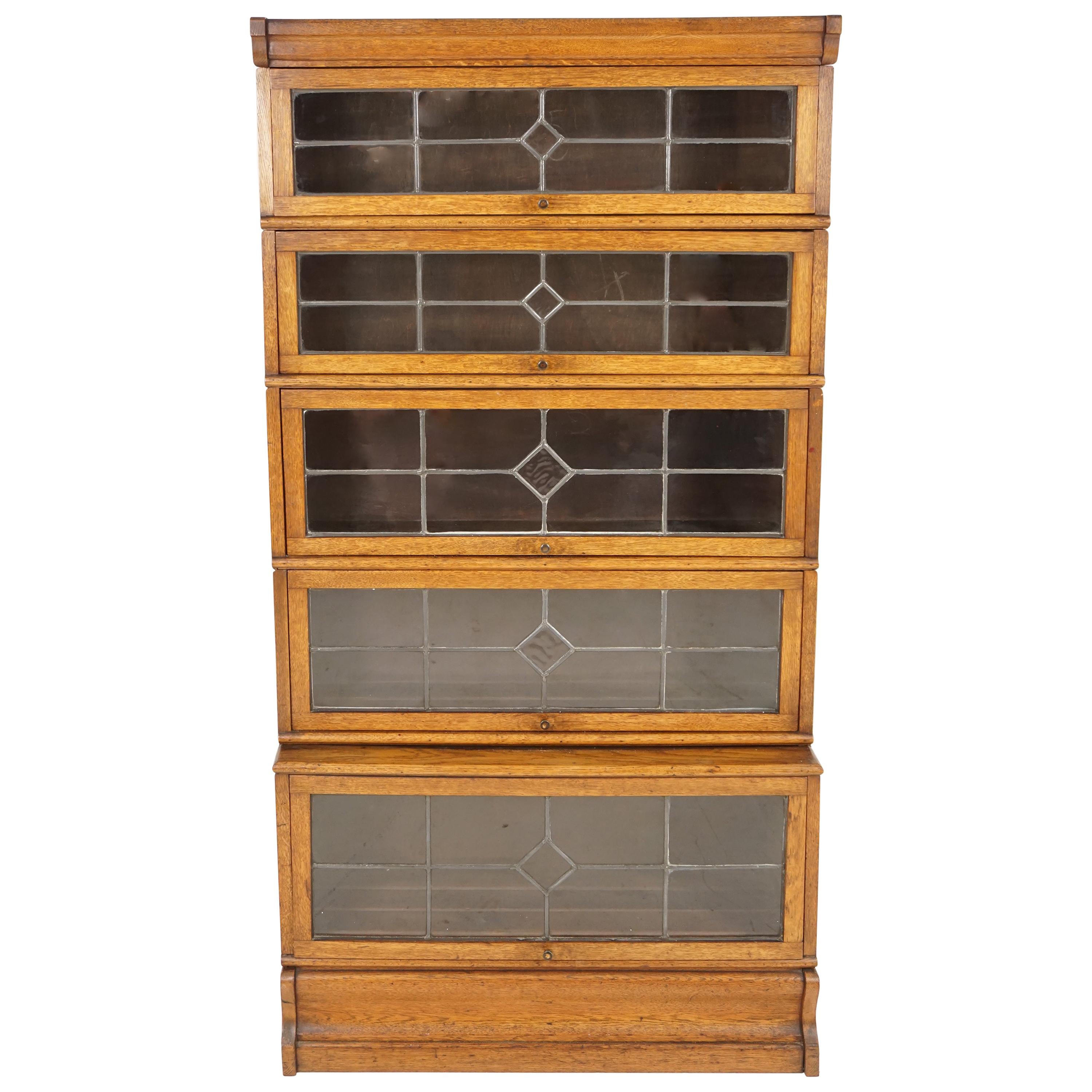 Antique Oak Bookcase, 5-Tier Sectional, Leaded Glass, Scotland 1920, B1865
