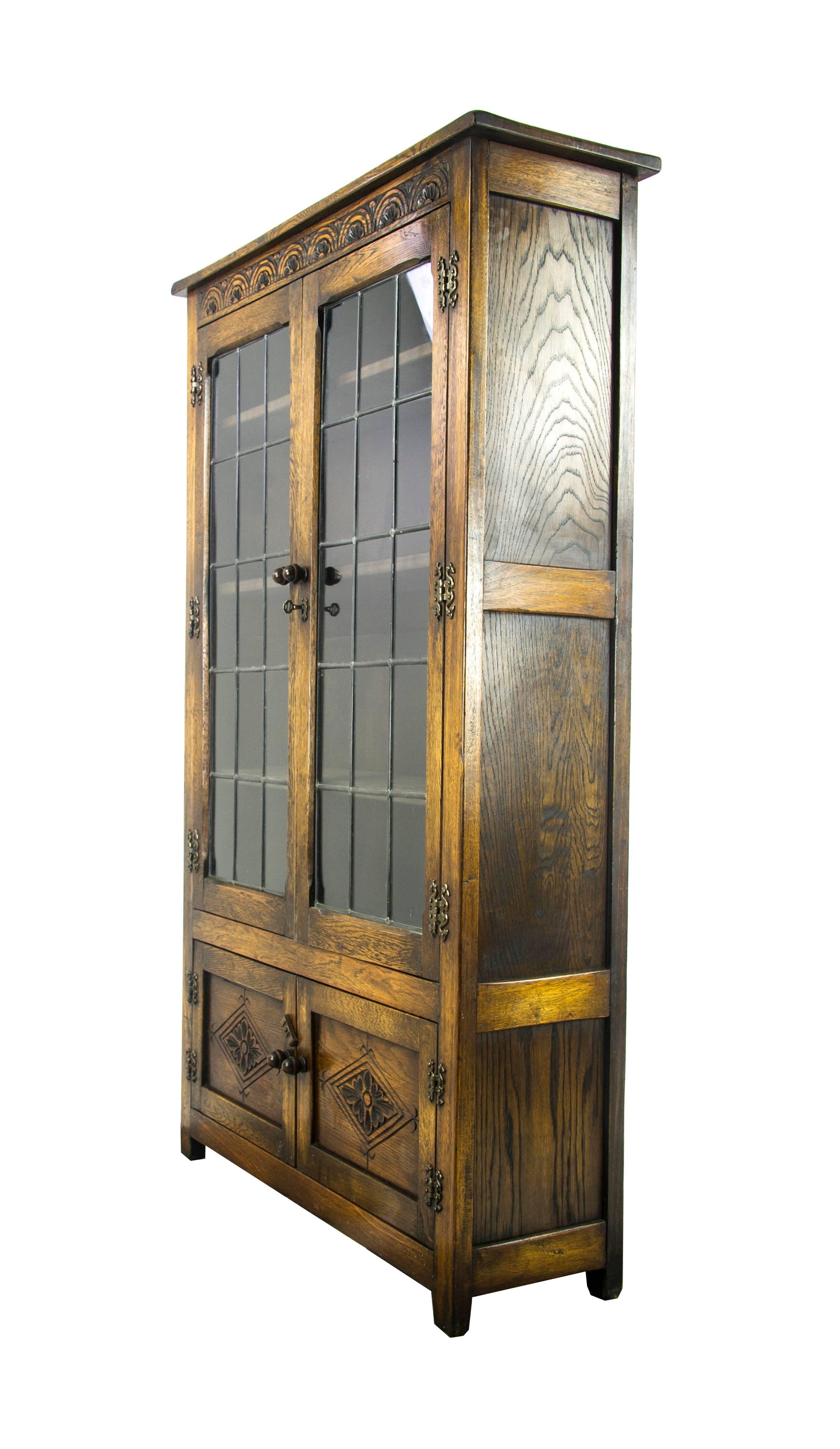antique bookcase with leaded glass doors