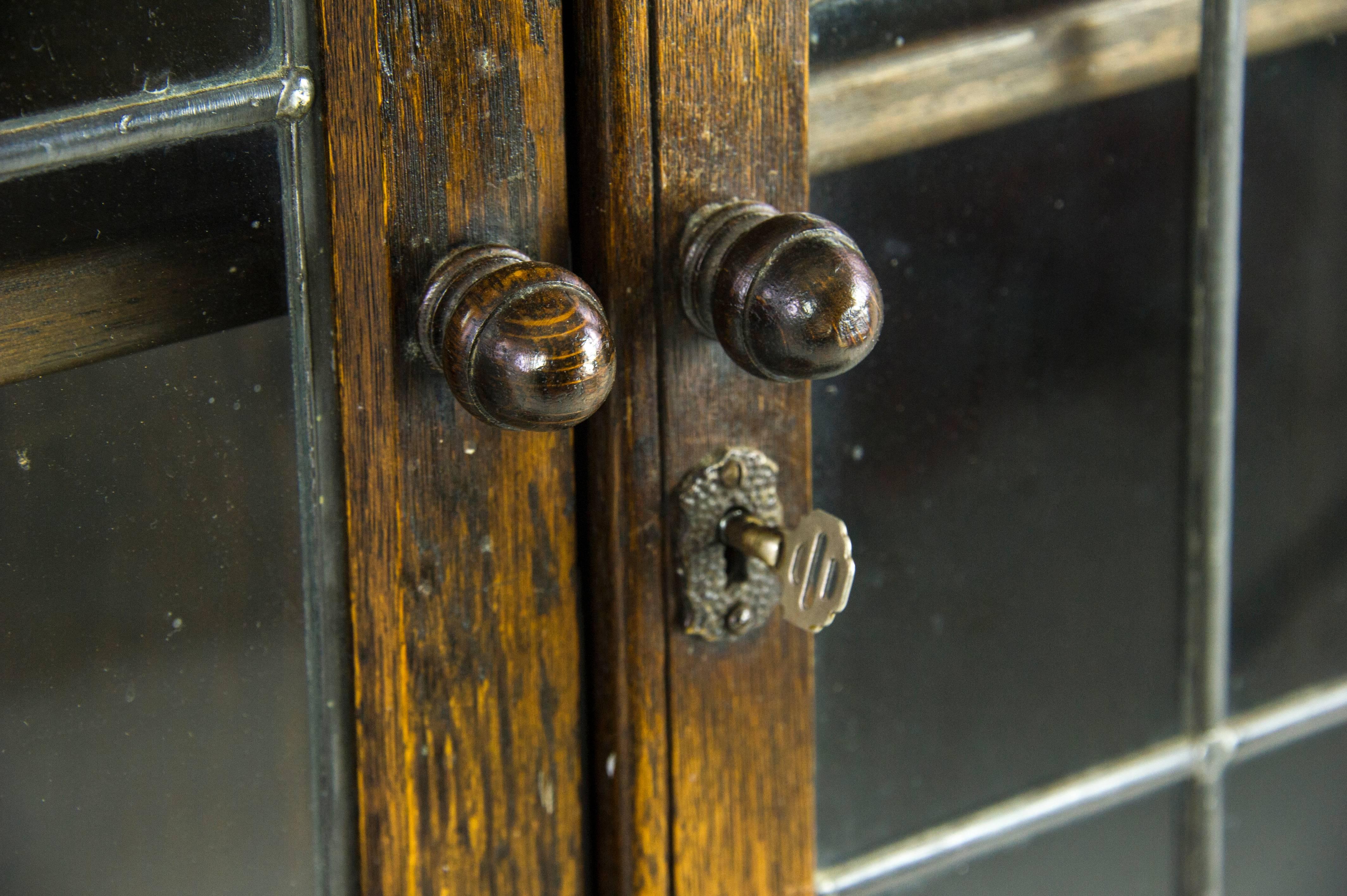 Hand-Crafted Antique Oak Bookcase, Antique Bookcase, Leaded Glass Bookcase, Scotland, 1930