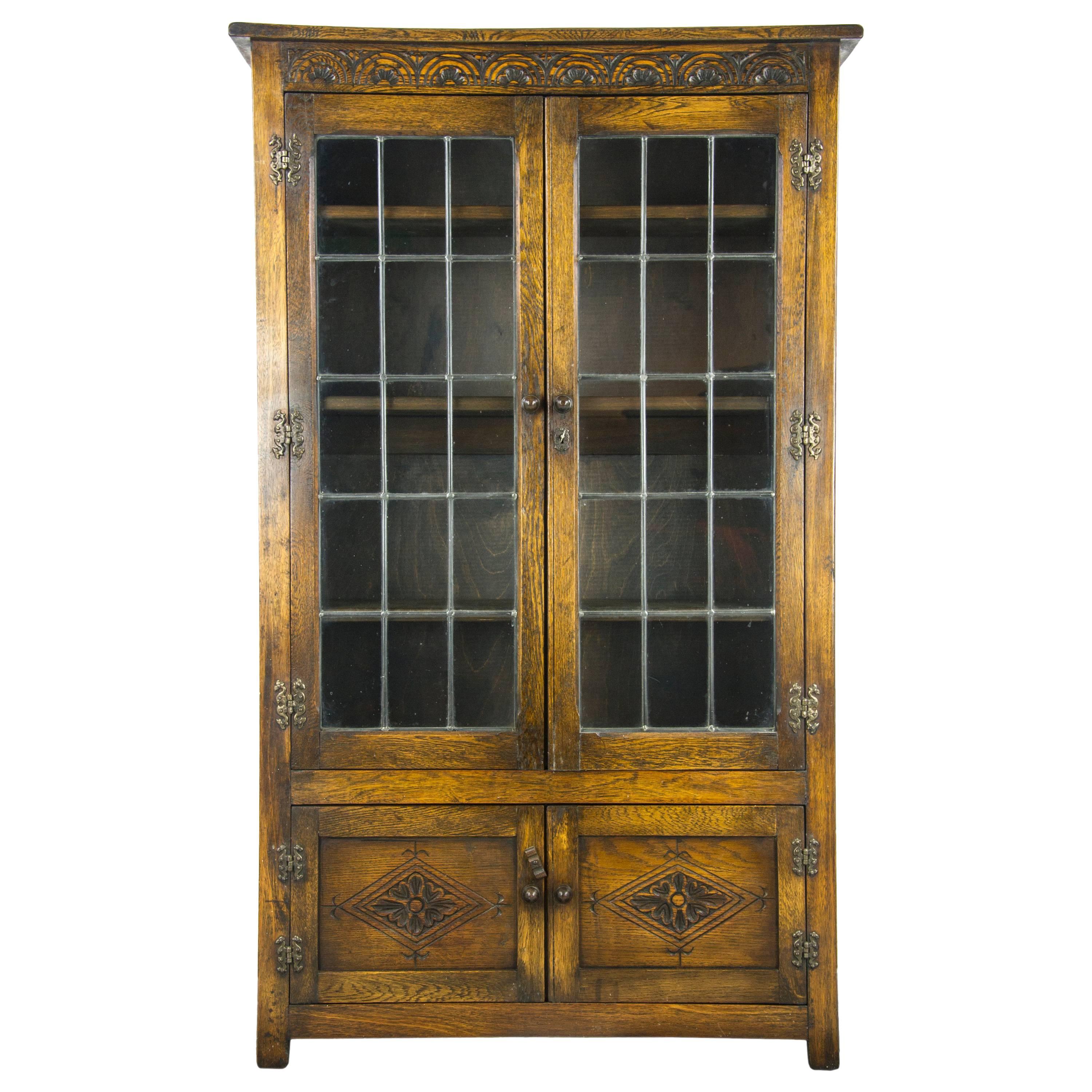 Antique Oak Bookcase, Antique Bookcase, Leaded Glass Bookcase, Scotland, 1930