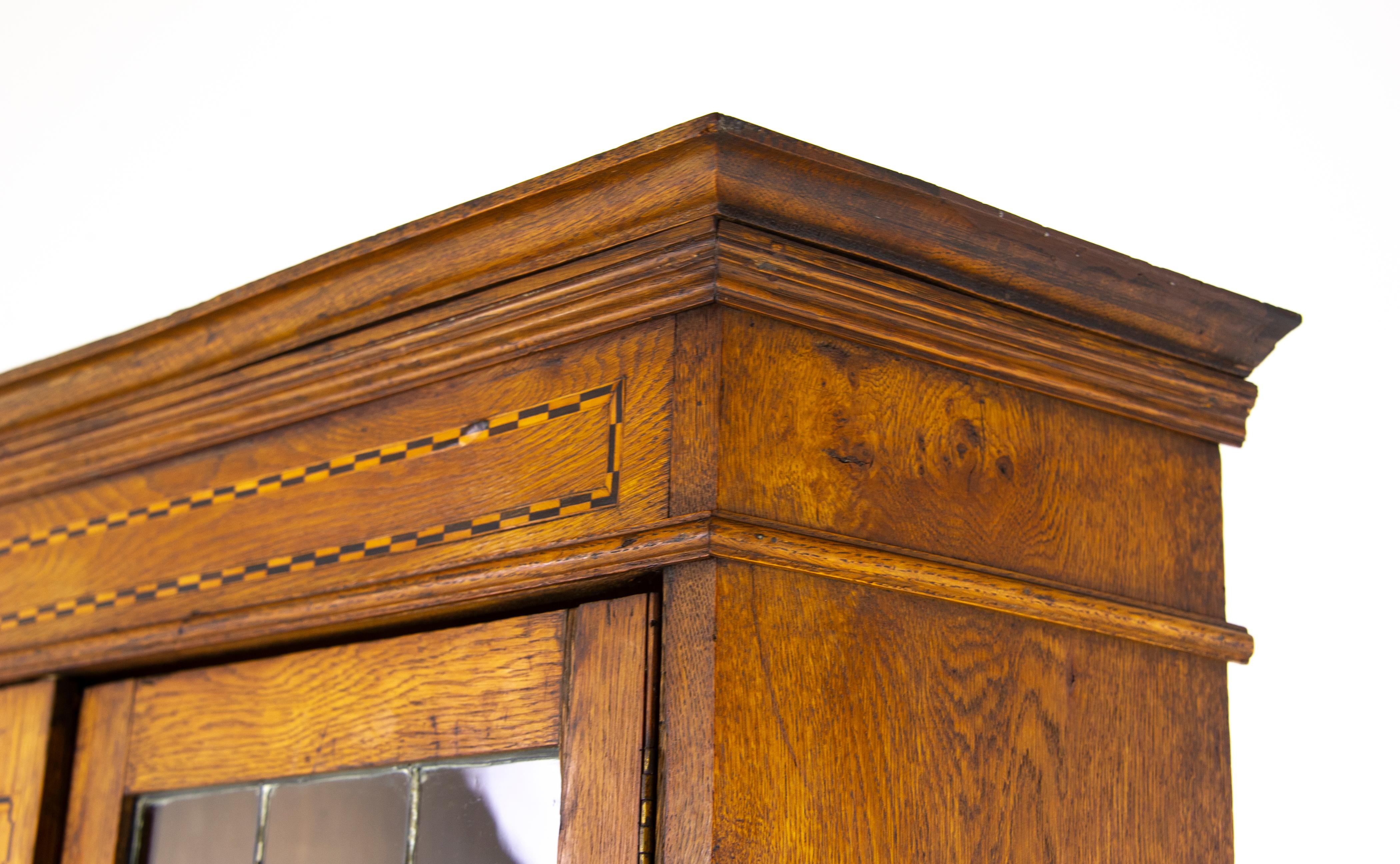 Antique Oak Bookcase, Arts & Crafts, Inlaid Bookcase, Leaded Glass Doors, B1169A 1