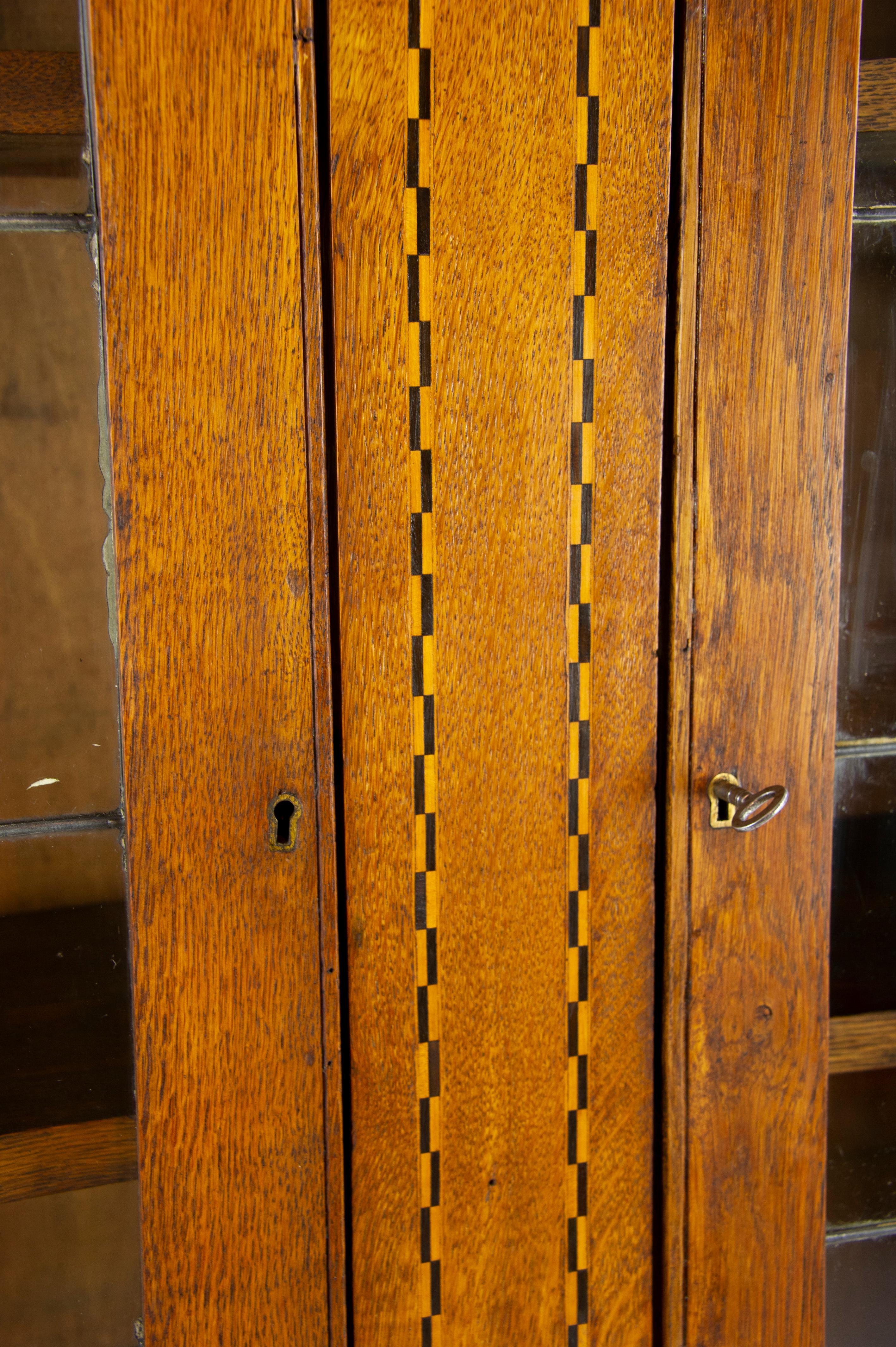 Scottish Antique Oak Bookcase, Arts & Crafts, Inlaid Bookcase, Leaded Glass Doors, B1169A
