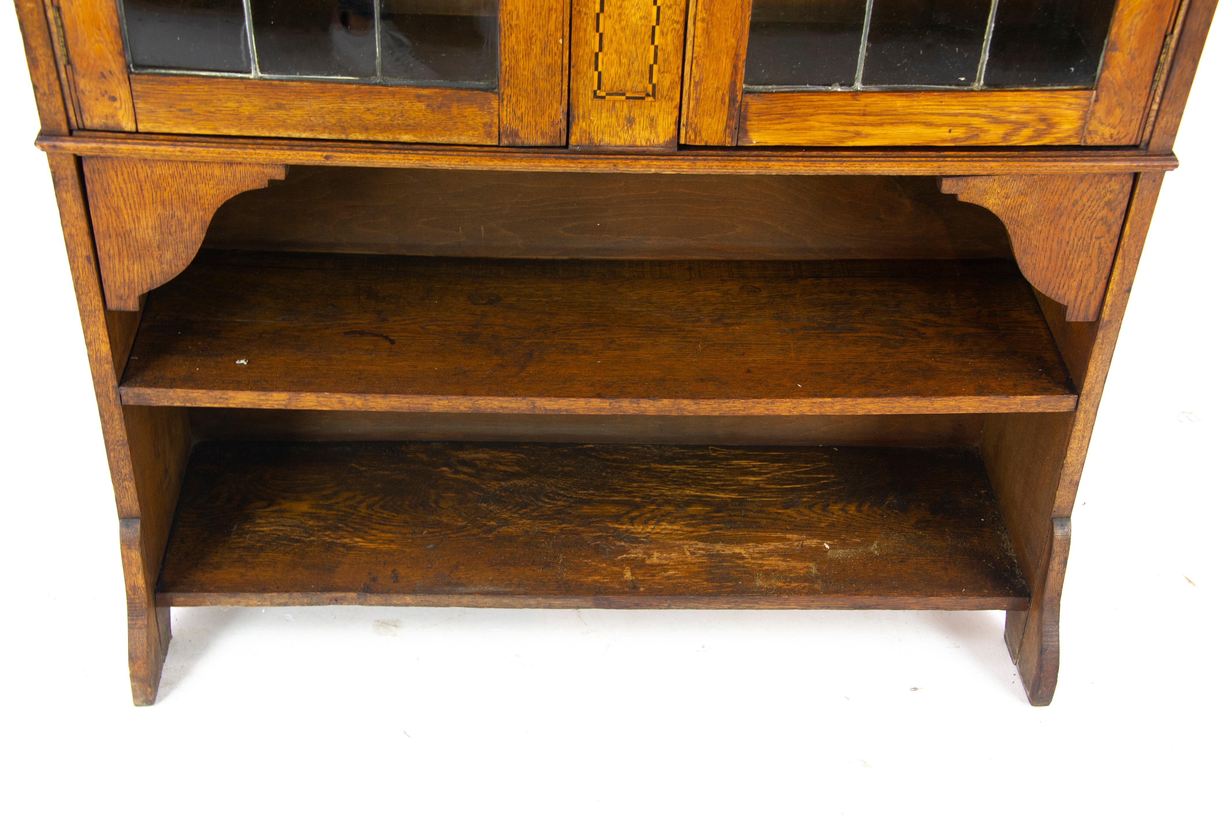 Hand-Crafted Antique Oak Bookcase, Arts & Crafts, Inlaid Bookcase, Leaded Glass Doors, B1169A