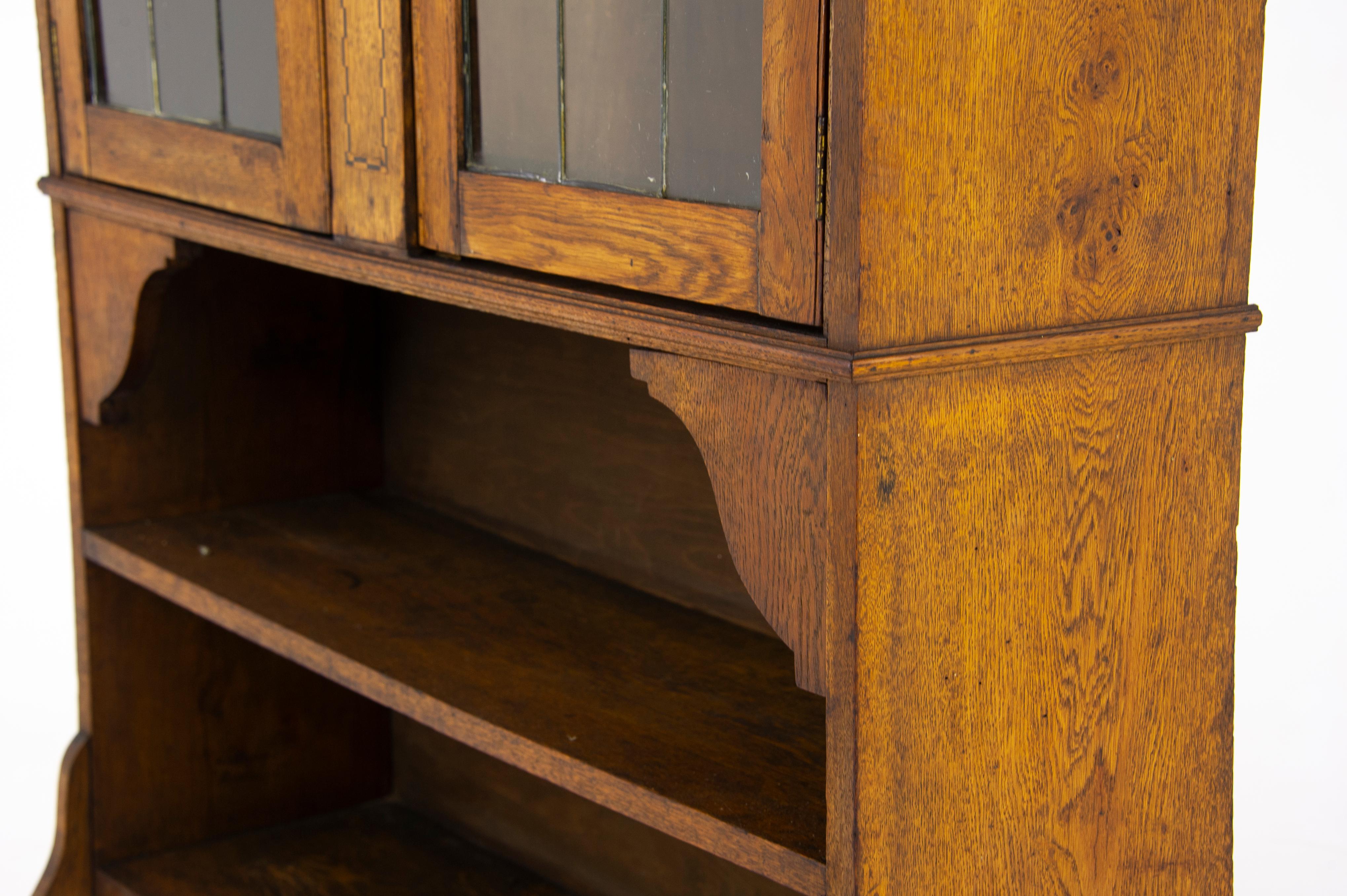 Early 20th Century Antique Oak Bookcase, Arts & Crafts, Inlaid Bookcase, Leaded Glass Doors, B1169A