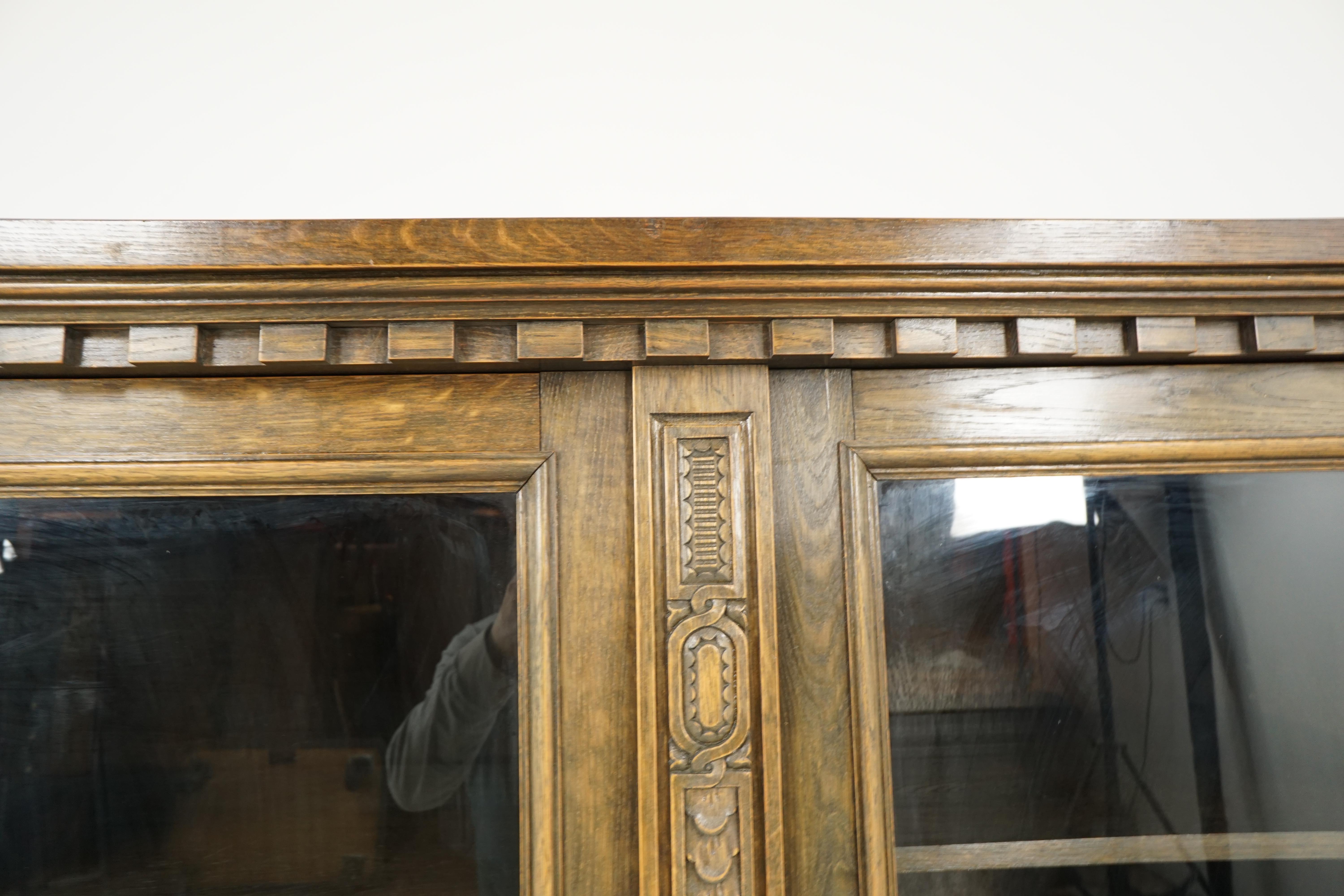 Hand-Crafted Antique Oak Bookcase, Carved Oak, Four-Door, Display Cabinet, Denmark 1920 B2260