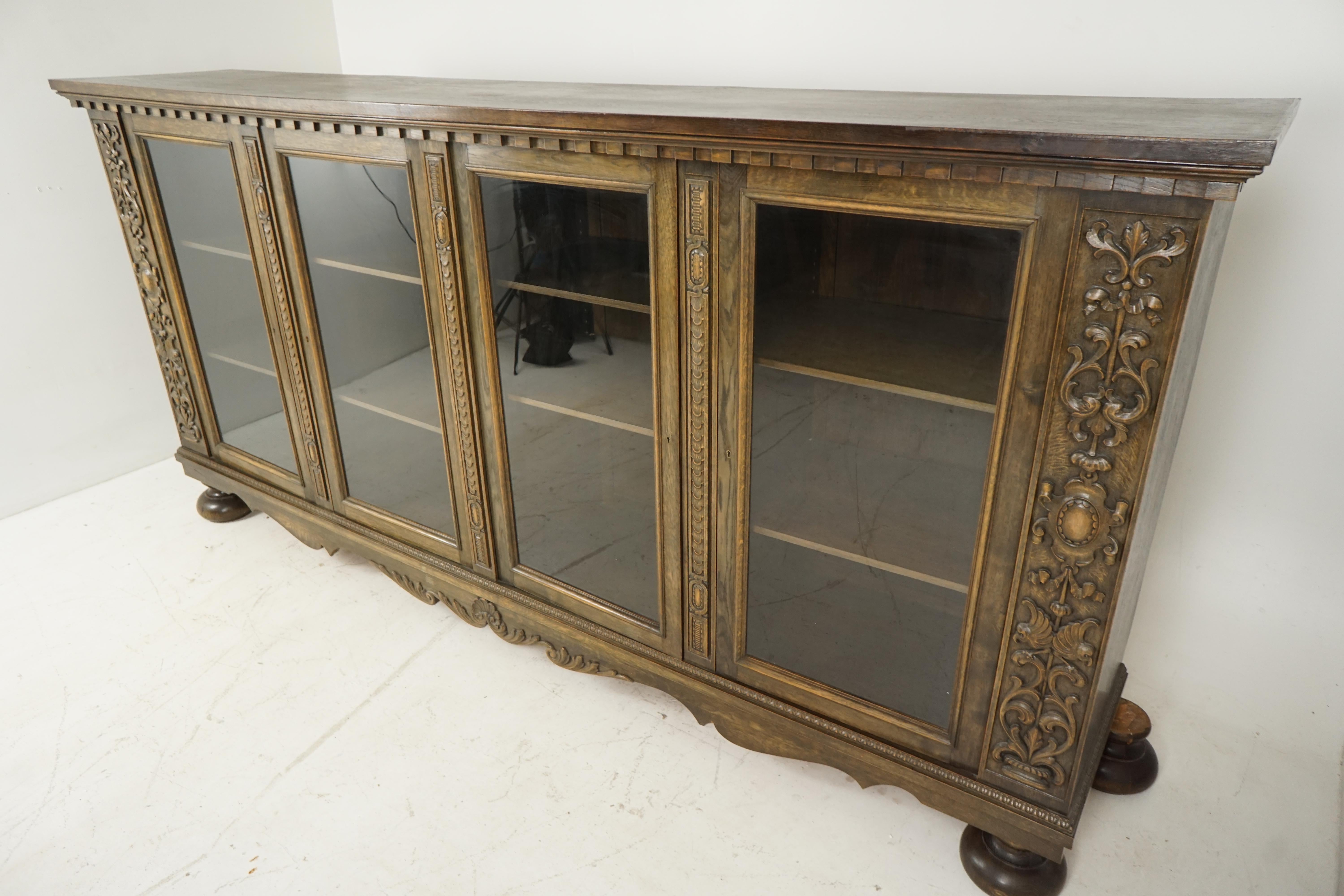 Antique Oak Bookcase, Carved Oak, Four-Door, Display Cabinet, Denmark 1920 B2260 In Good Condition In Vancouver, BC