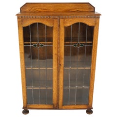 Antique Oak Bookcase, Edwardian Leaded Glass Bookcase, Scotland 1910