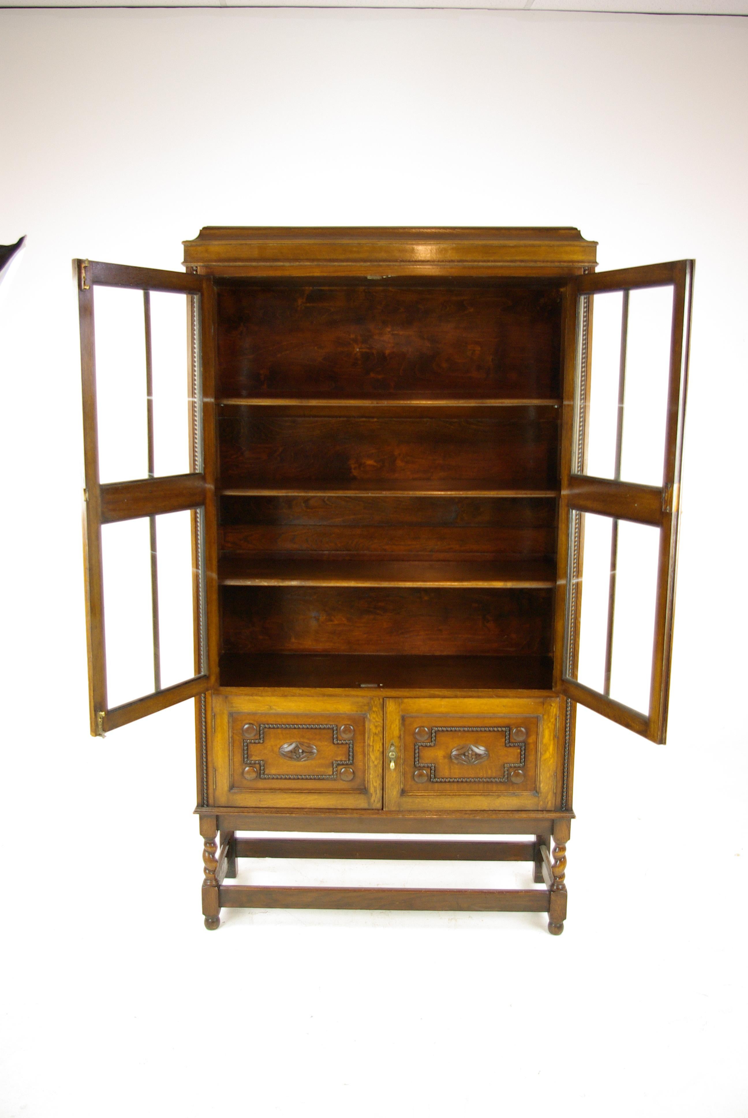 Hand-Crafted Antique Oak Bookcase, Four Door Bookcase, Carved Oak, Scotland, 1910, B1284