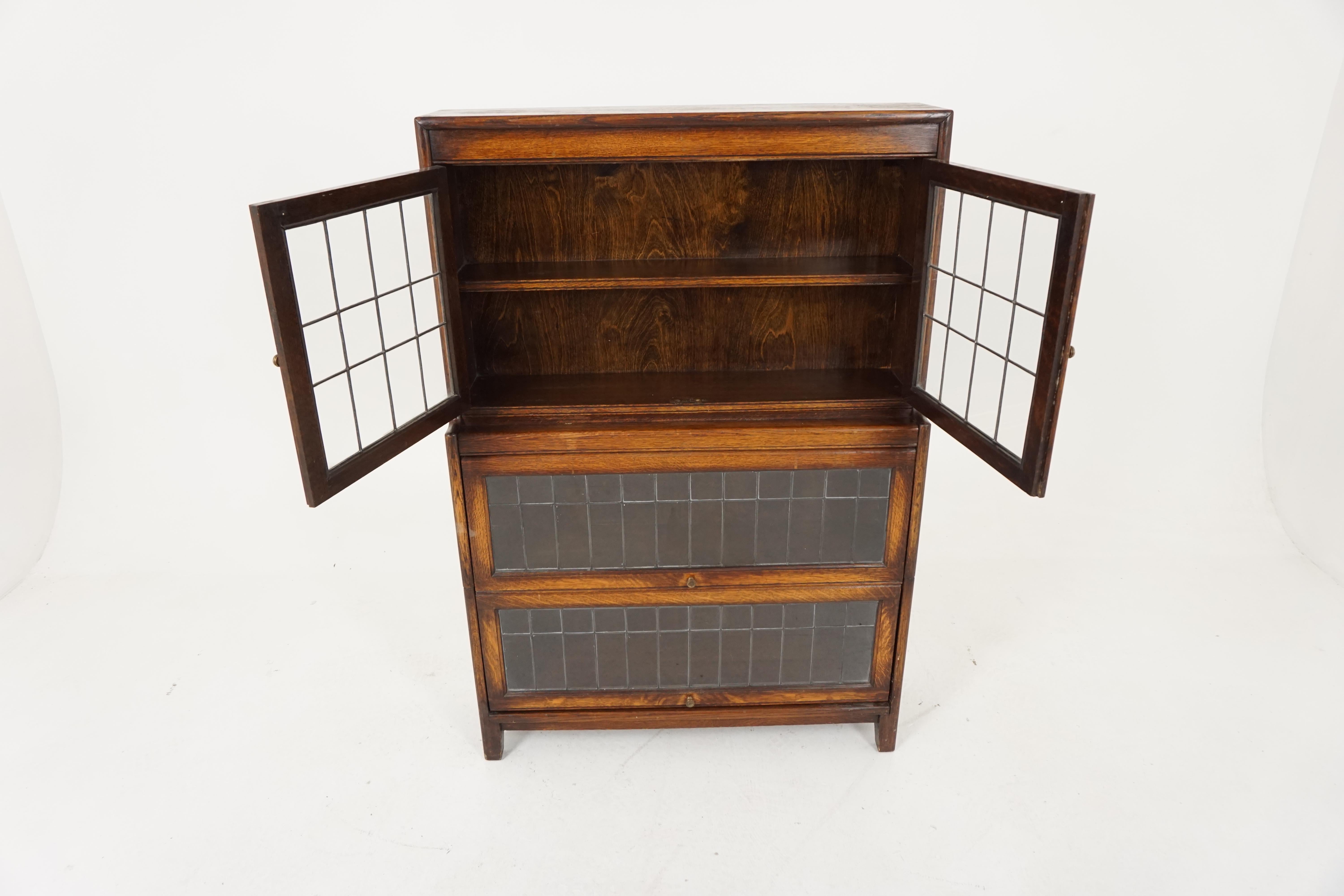 Antique oak bookcase, leaded glass stacking barrister bookcase or sectional bookcase, antique furniture, Scotland, 1920, B1866

Scotland, 1920
Solid oak construction
Original finish
Three graduating sections with the lowest being deeper than
