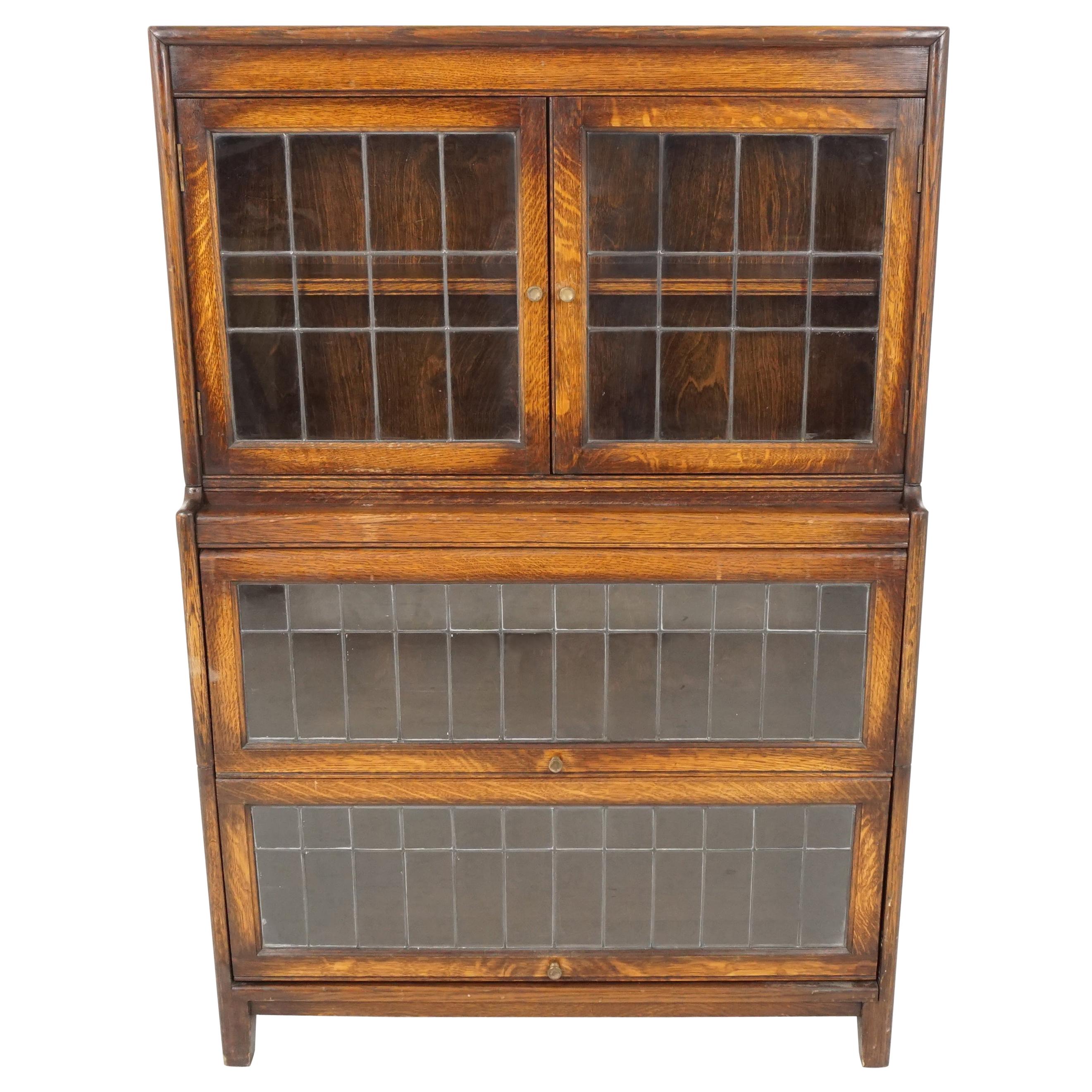 Antique Oak Bookcase, Leaded Glass Stacking Bookcase, Scotland 1920, B1866