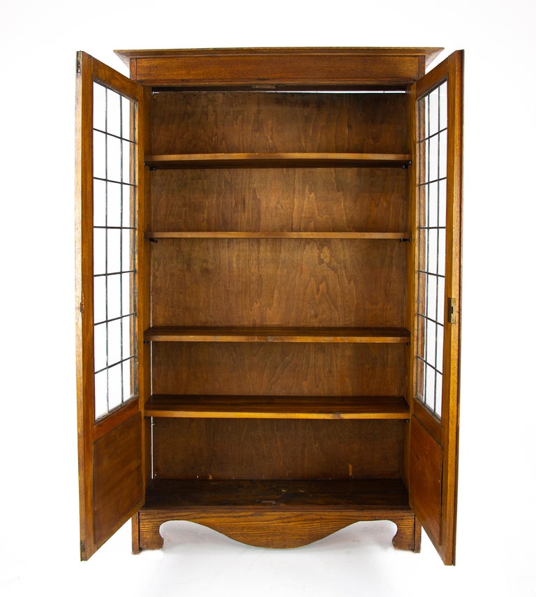 Antique Oak Bookcase, Oak Bookcase, Arts and Crafts, Leaded Glass, 1915 at 1stDibs