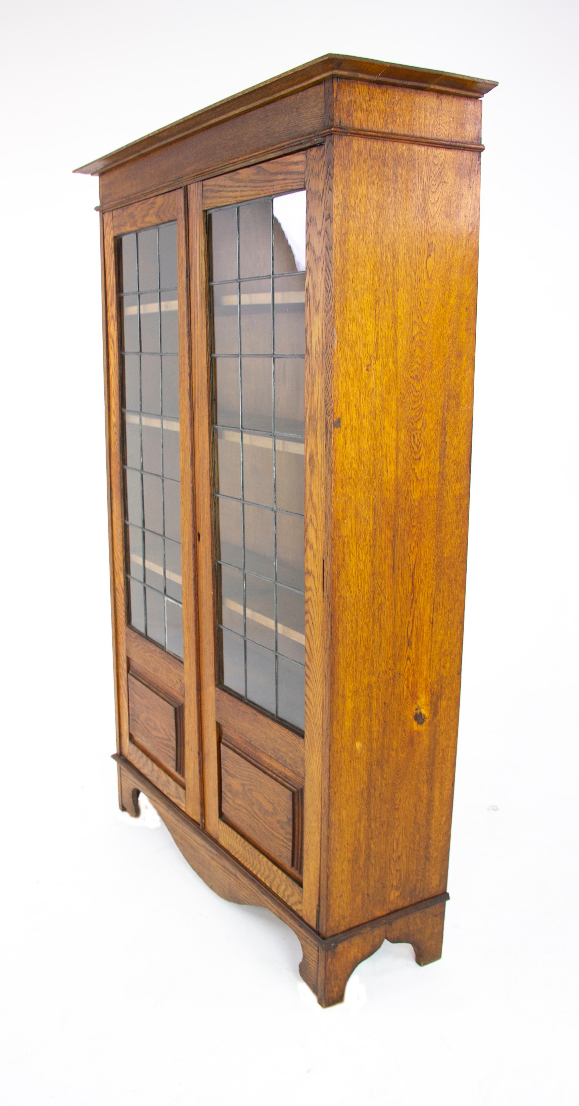 Arts and Crafts Antique Oak Bookcase, Oak Bookcase, Arts & Crafts, Leaded Glass, 1915