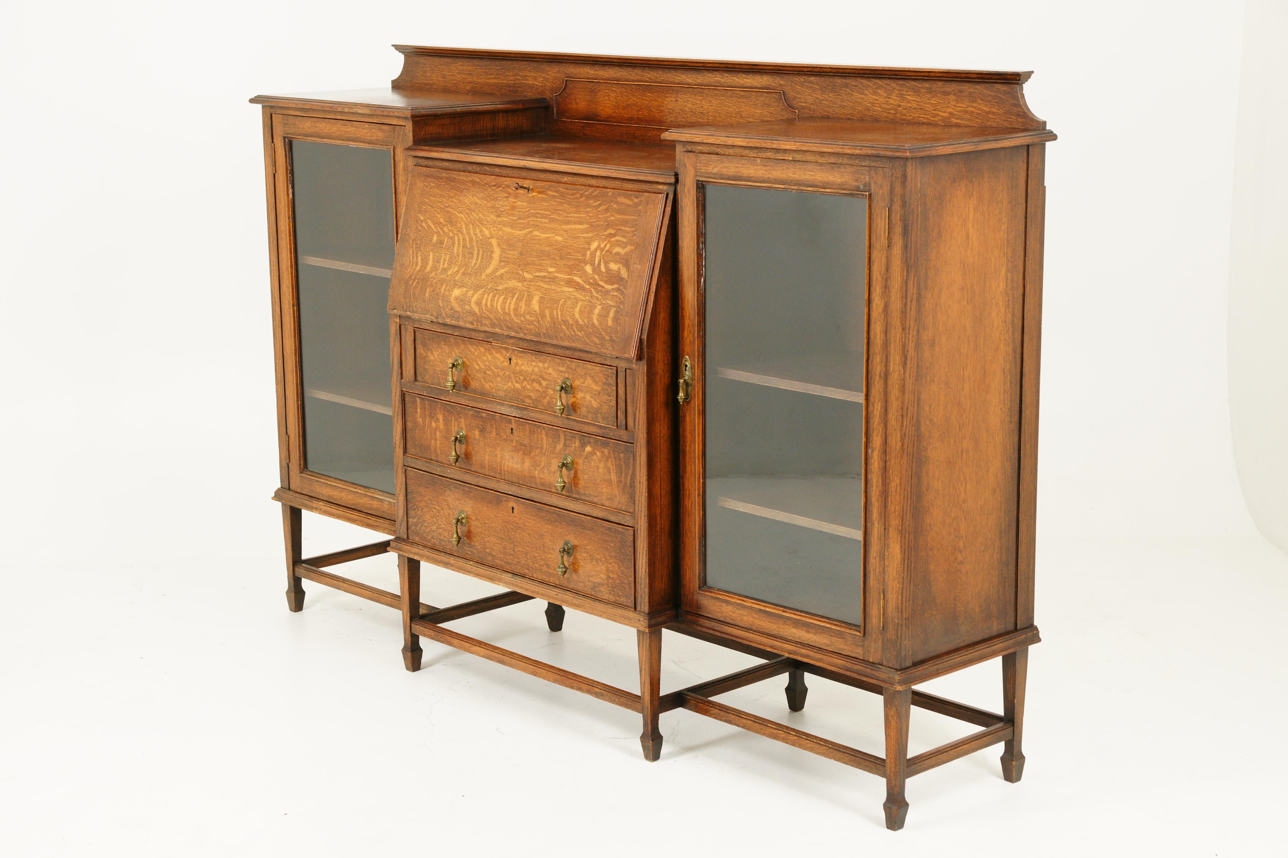 Antique Oak Bookcase, Tiger Oak Slant Front Desk, Scotland 1920, B1657 3