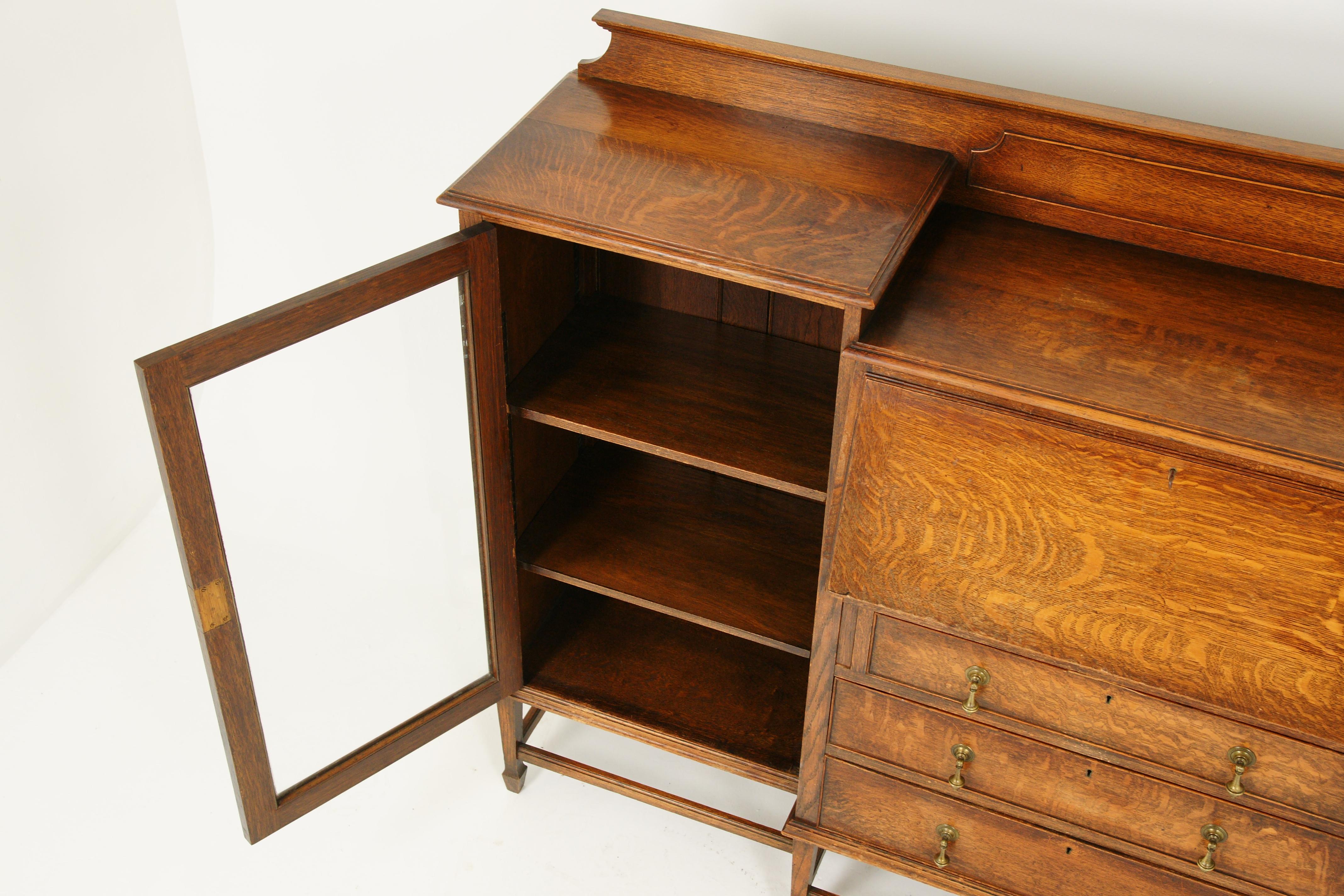 Scottish Antique Oak Bookcase, Tiger Oak Slant Front Desk, Scotland 1920, B1657