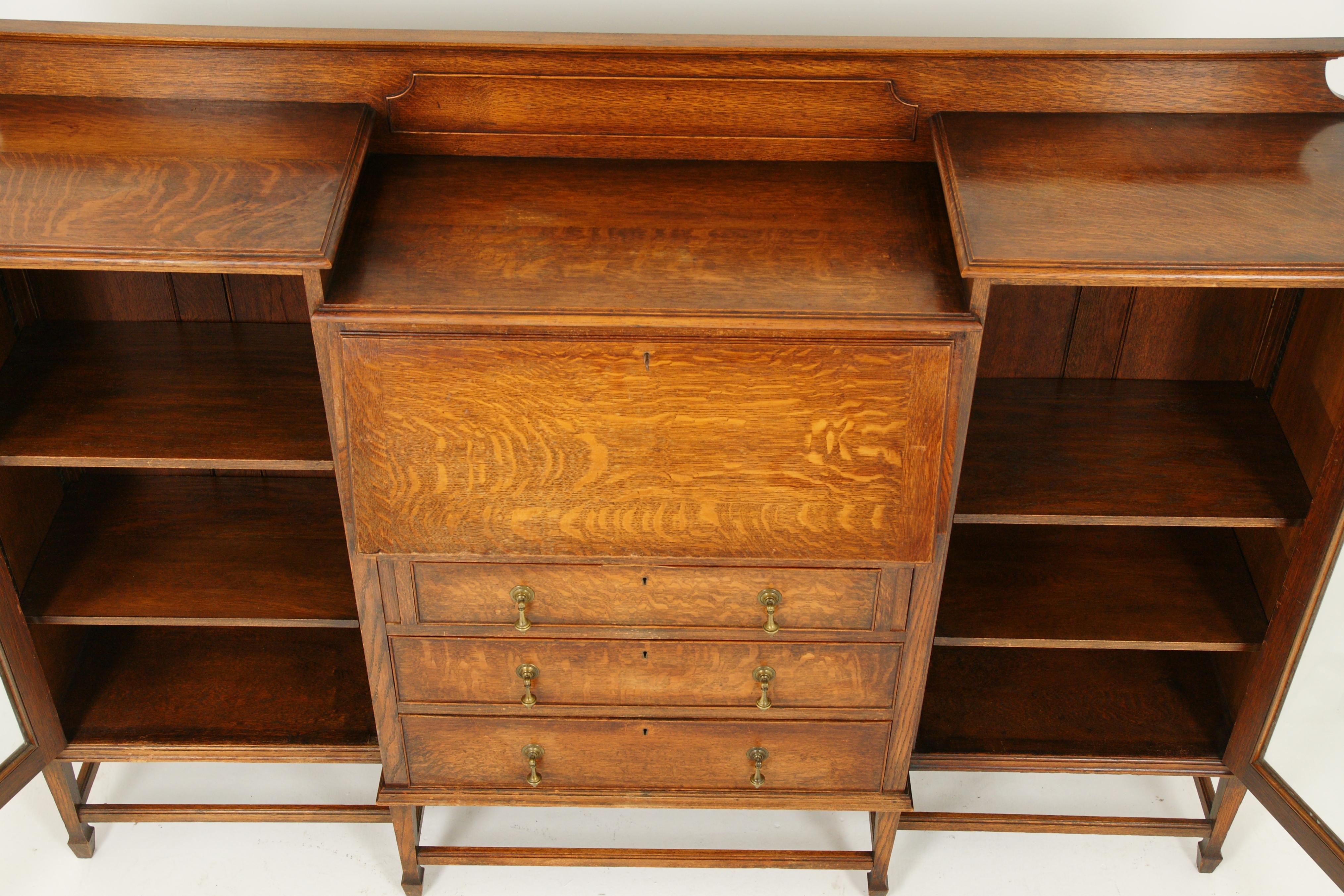 Hand-Crafted Antique Oak Bookcase, Tiger Oak Slant Front Desk, Scotland 1920, B1657