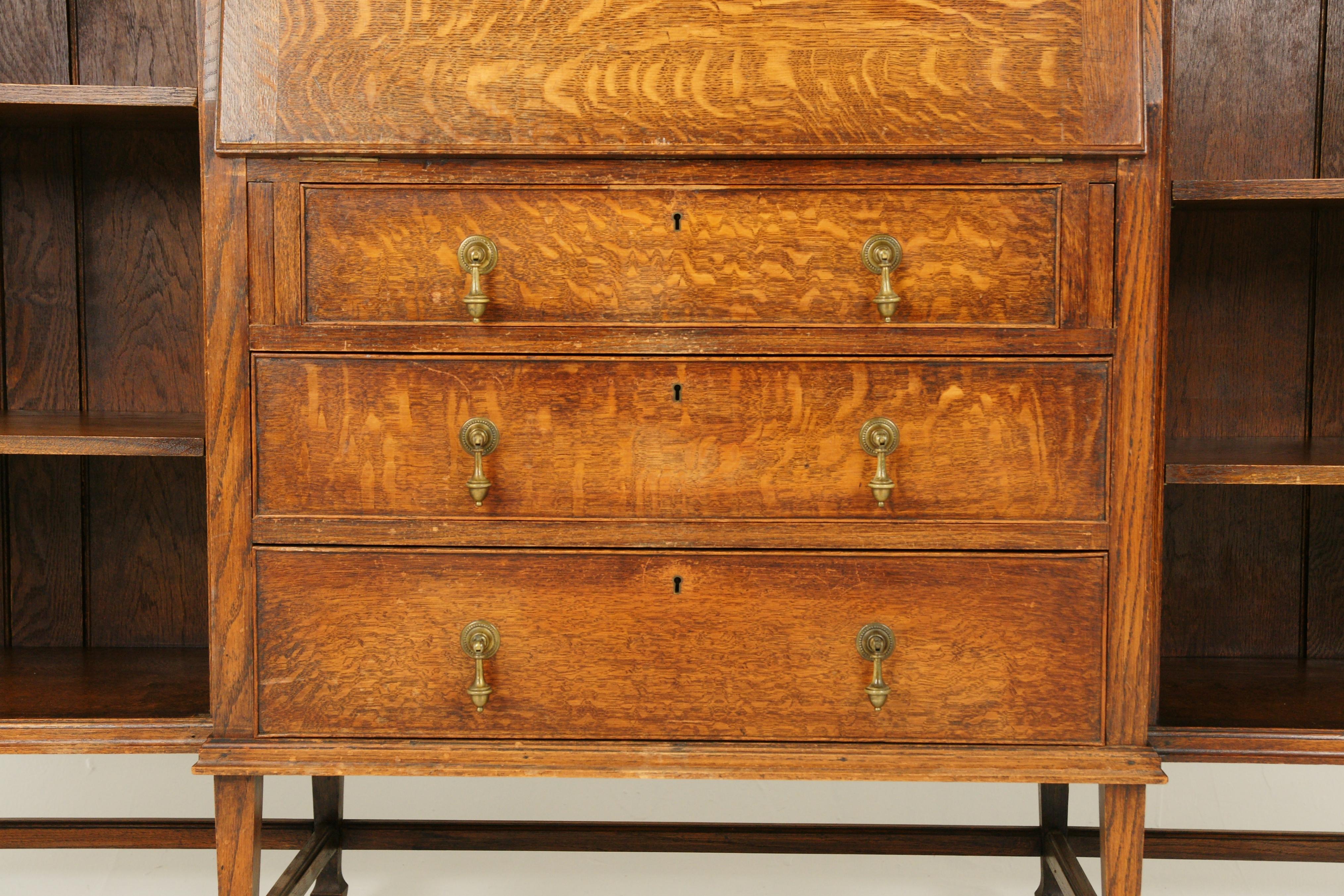 Antique Oak Bookcase, Tiger Oak Slant Front Desk, Scotland 1920, B1657 In Good Condition In Vancouver, BC