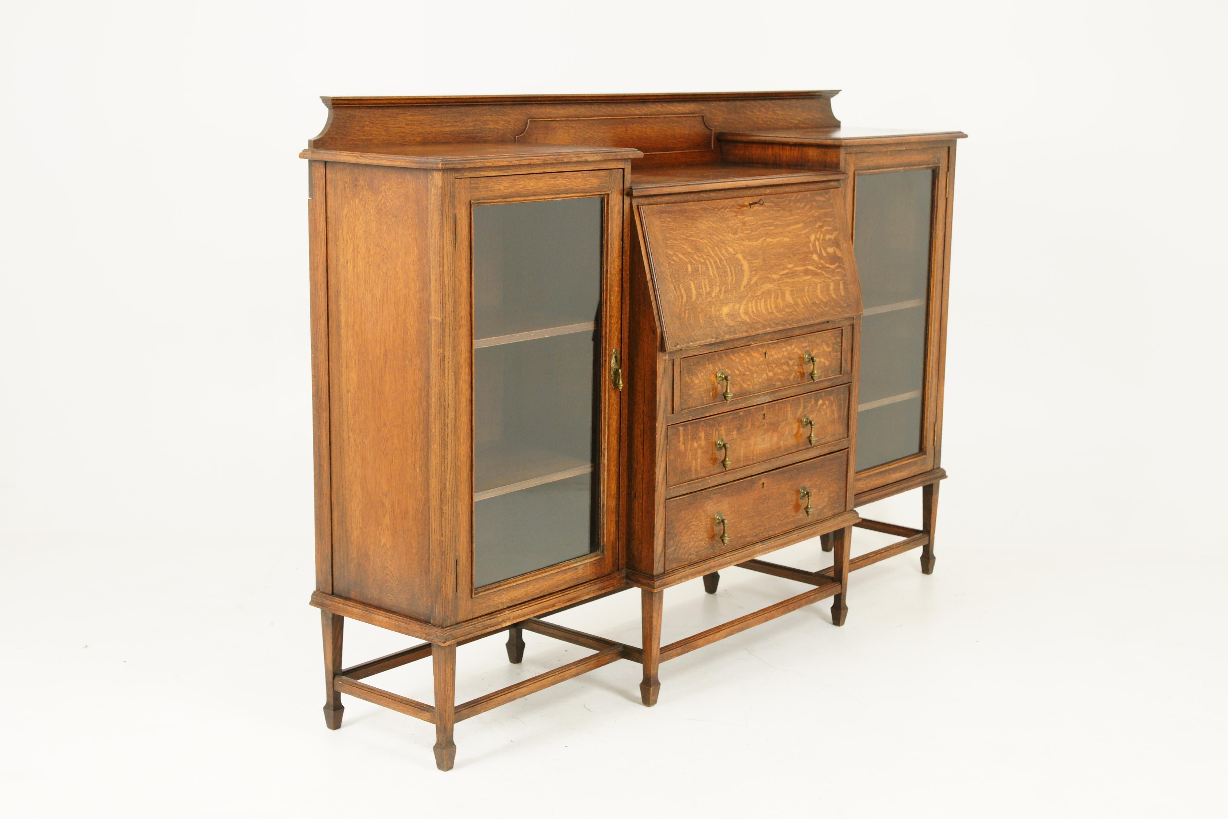 Early 20th Century Antique Oak Bookcase, Tiger Oak Slant Front Desk, Scotland 1920, B1657