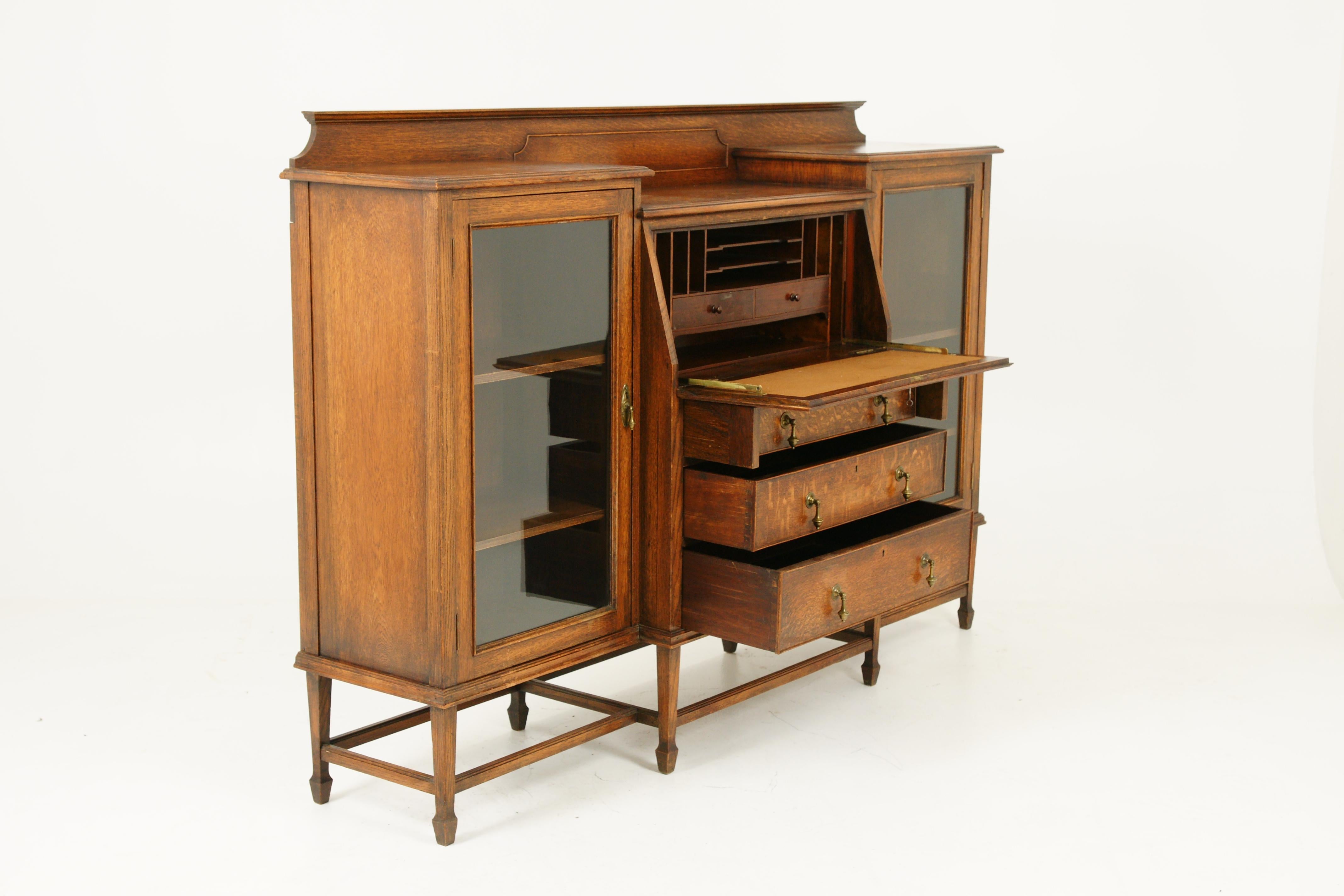 Antique Oak Bookcase, Tiger Oak Slant Front Desk, Scotland 1920, B1657 1