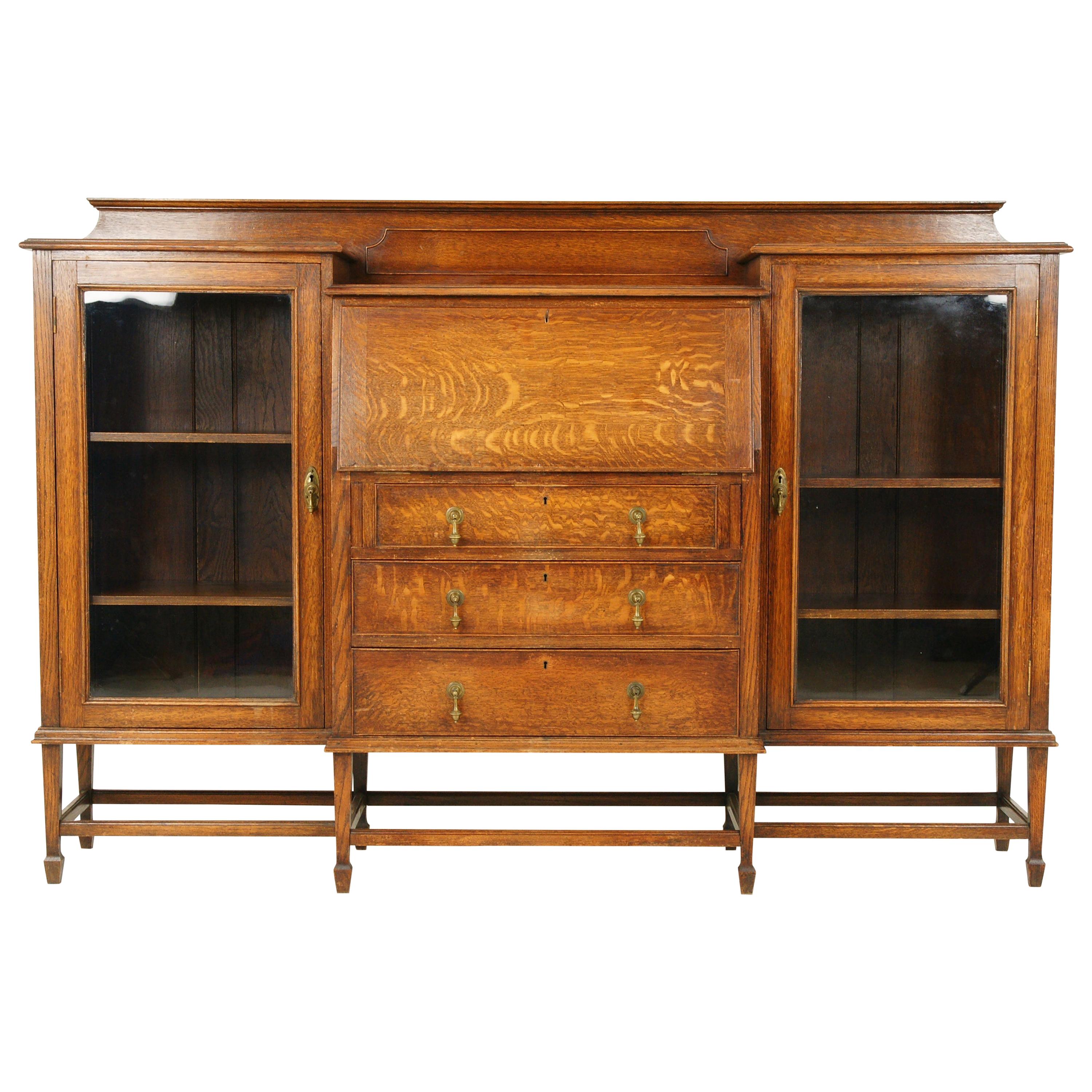 Antique Oak Bookcase, Tiger Oak Slant Front Desk, Scotland 1920, B1657