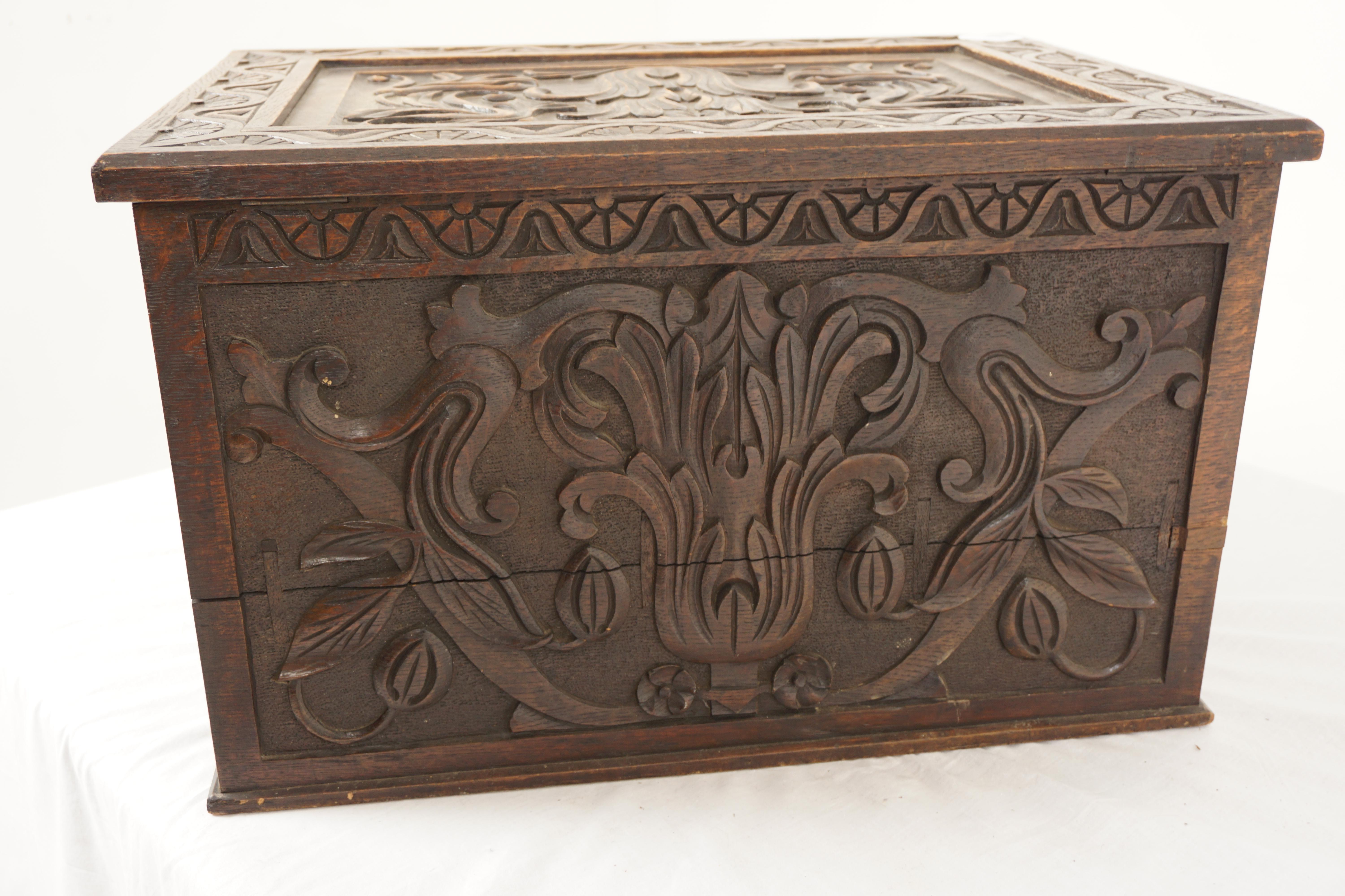 Antique Oak Box, Victorian Gothic Carved Chest and Log Box, Scotland 1880, H1052 For Sale 4