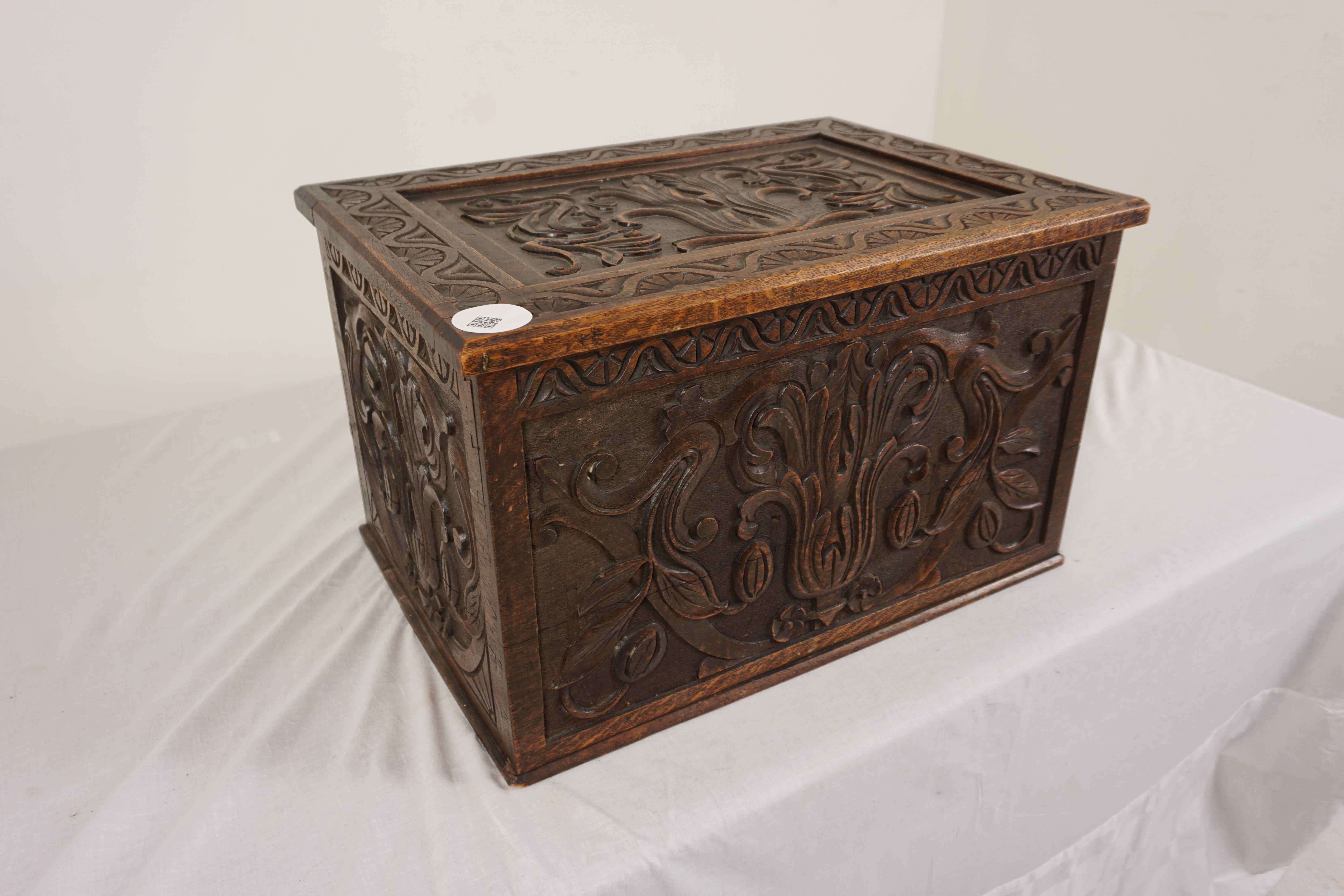 Scottish Antique Oak Box, Victorian Gothic Carved Chest and Log Box, Scotland 1880, H1052 For Sale