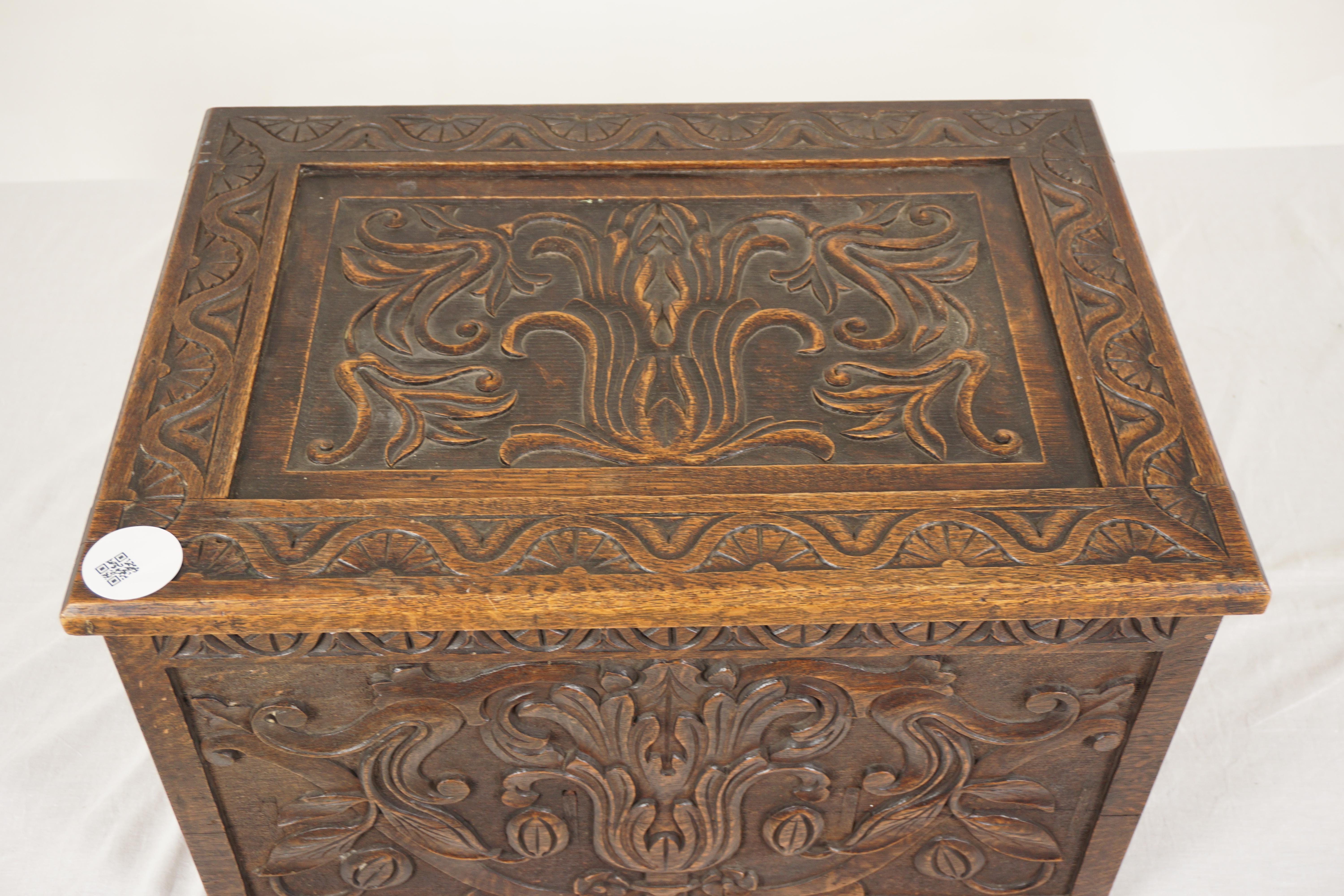 Antique Oak Box, Victorian Gothic Carved Chest and Log Box, Scotland 1880, H1052 In Good Condition For Sale In Vancouver, BC