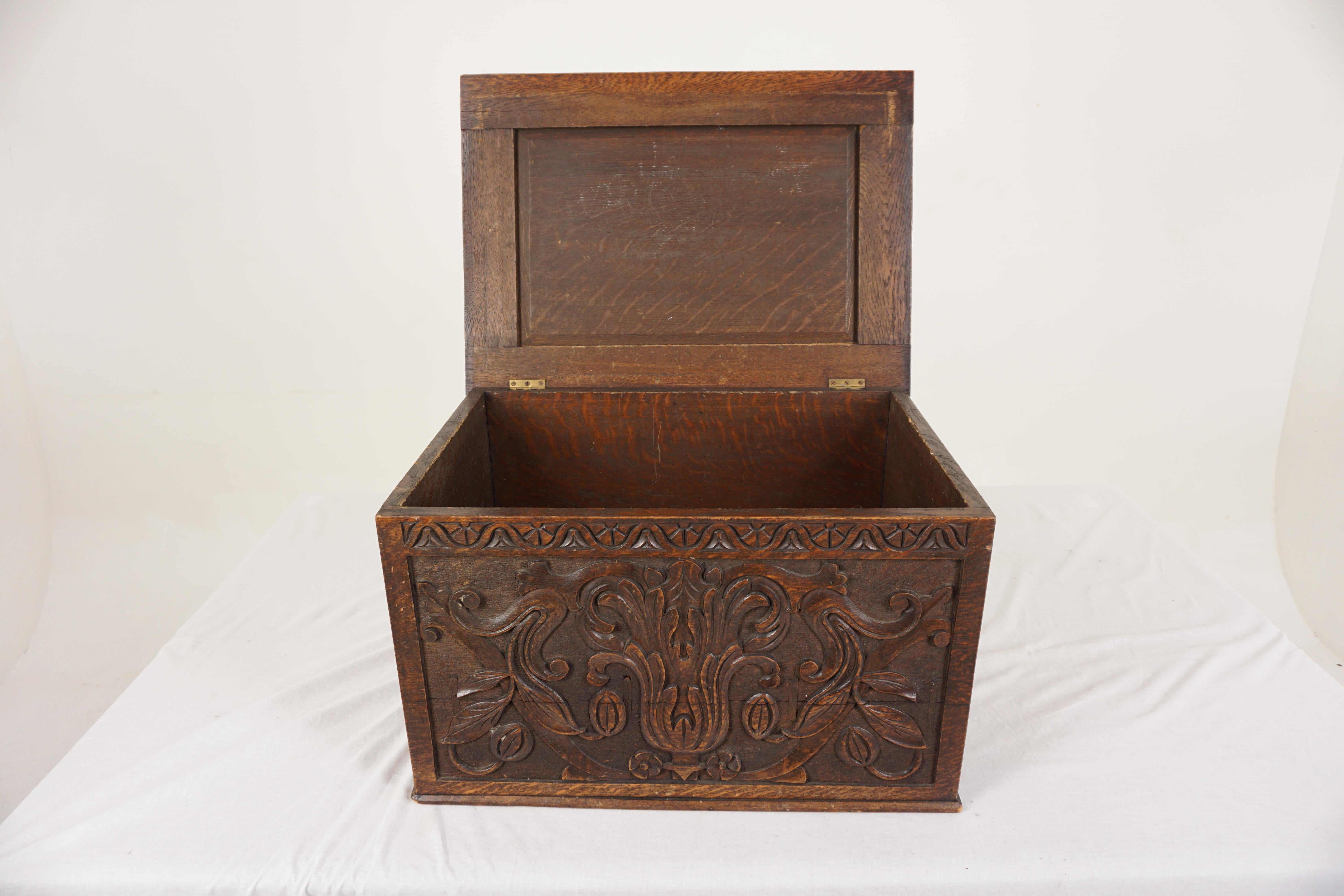 Late 19th Century Antique Oak Box, Victorian Gothic Carved Chest and Log Box, Scotland 1880, H1052 For Sale
