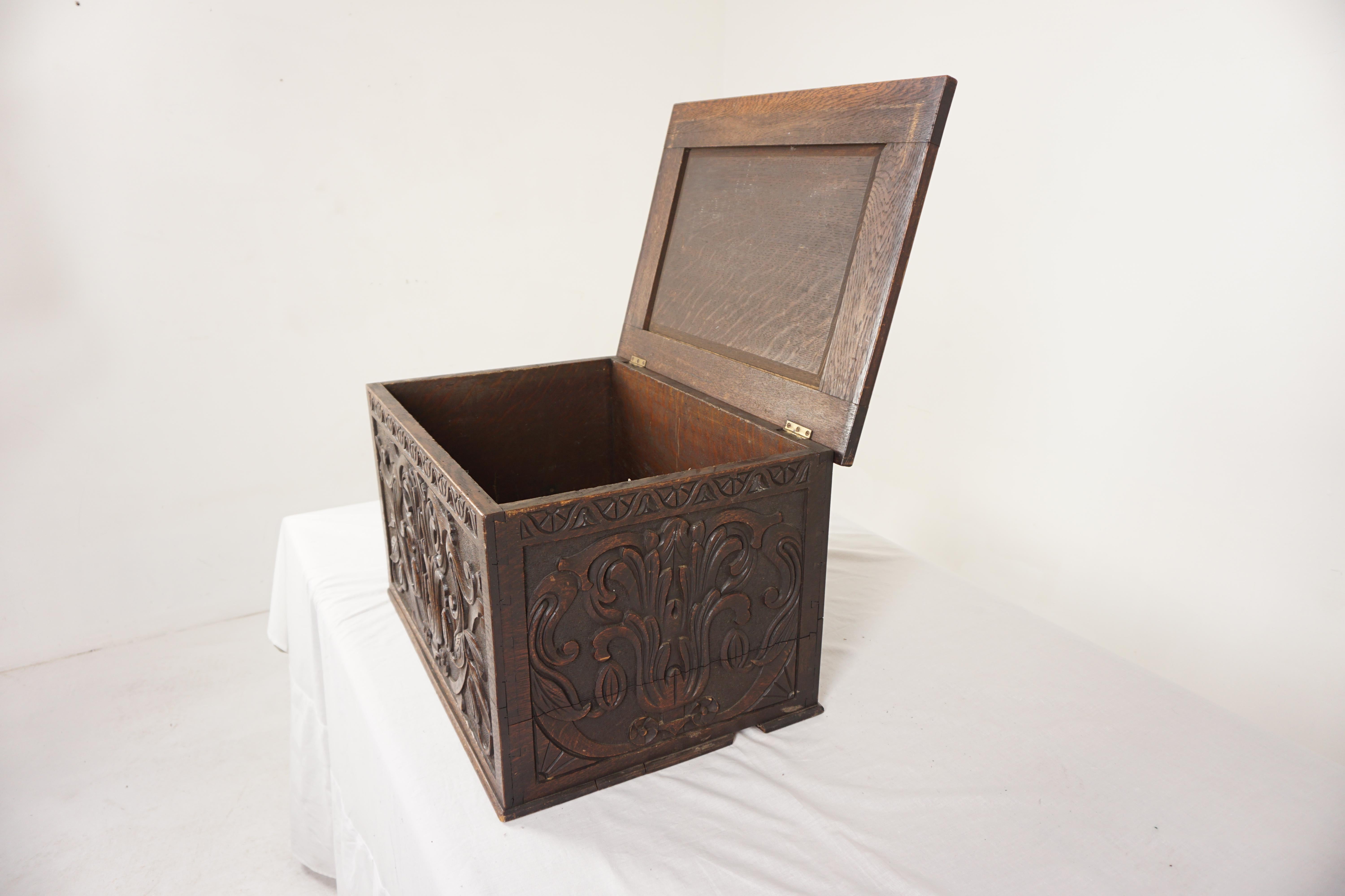 Antique Oak Box, Victorian Gothic Carved Chest and Log Box, Scotland 1880, H1052 For Sale 2
